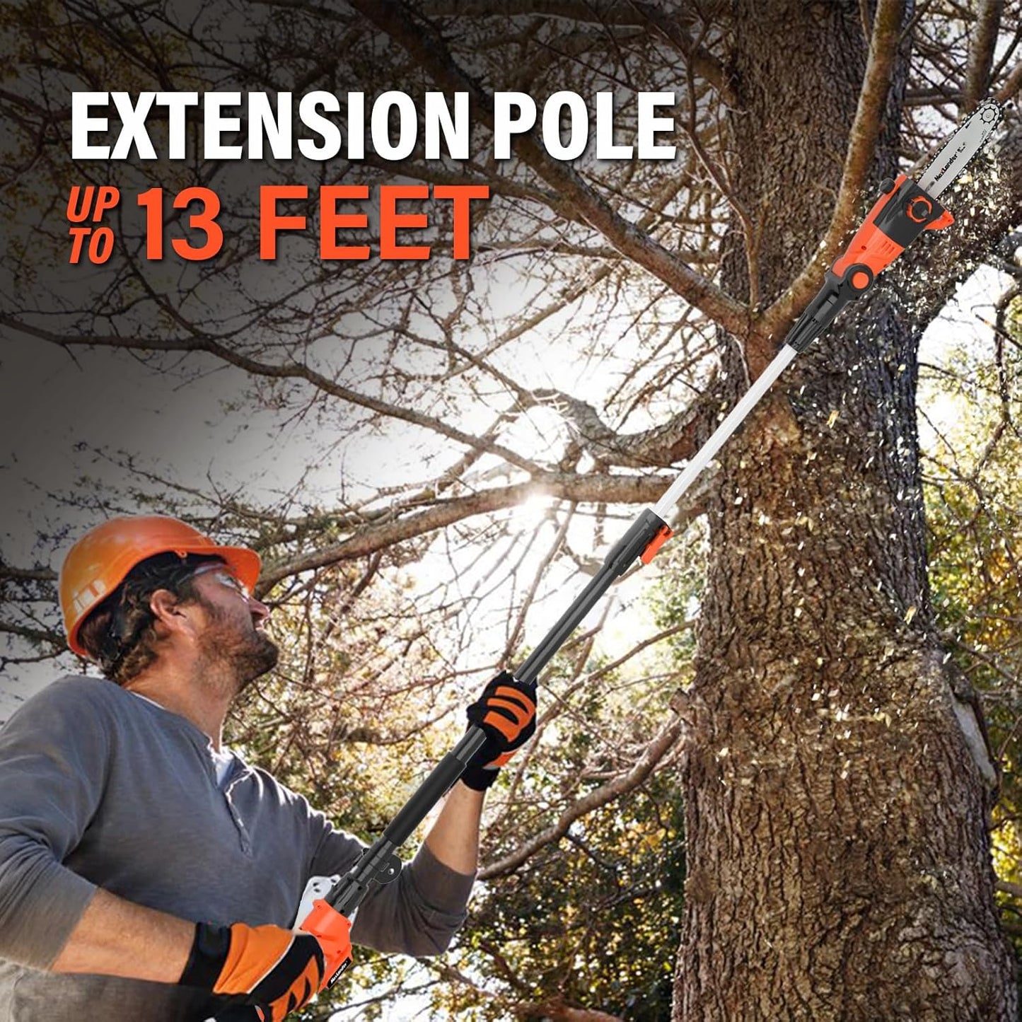 MAXLANDER 8 Inch Cordless Pole Saw, 20V Power Pole Chainsaw for Tree Trimming, Telescoping Electric Tool-free Installation, Adjustable Head Pole Saw with 2.0Ah Battery & Fast Charger