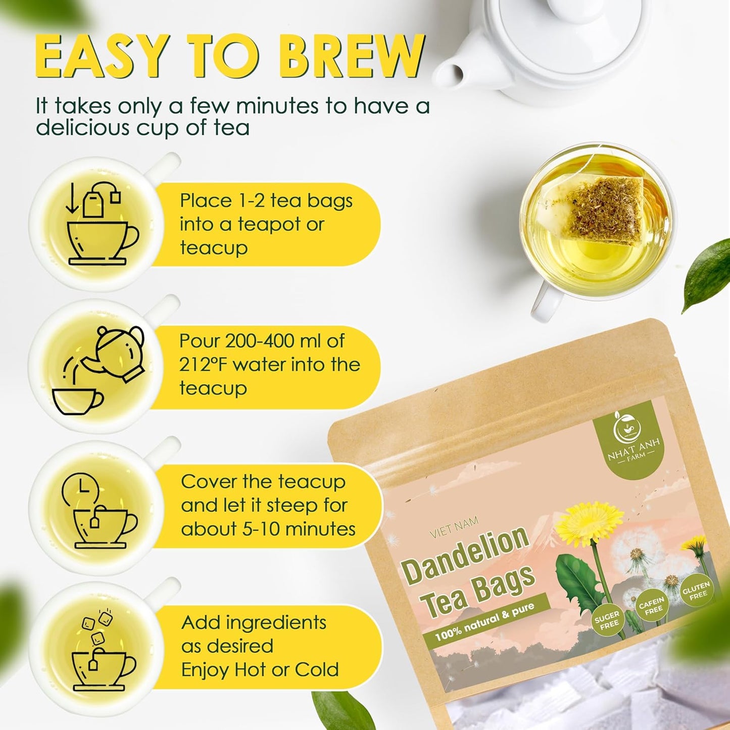 NHAT ANH FARM - Premium Dandelion Tea Bags, 40 Tea Bags, 100% Natural Dried Dandelion Leaves, Naturally Sweet Herbal Tea, Sugar-Free, Caffeine-Free, No Additives.