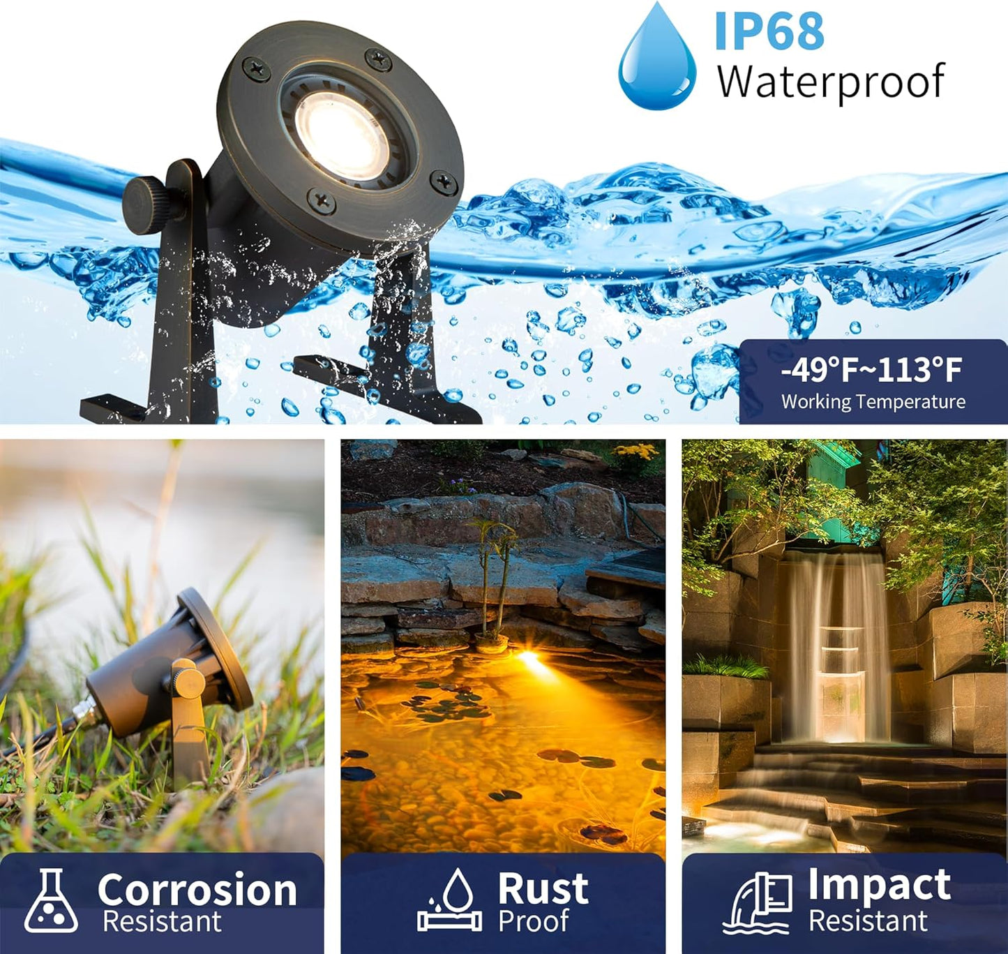 Bronze Pond Light - 12V Low Voltage Solid Brass Submersible Pondlight, IP68 Waterproof Fixture with 3000K MR16 LED Bulb for Outdoor Garden, Landscape, Waterfall, Fountain Lighting(8 Pack)