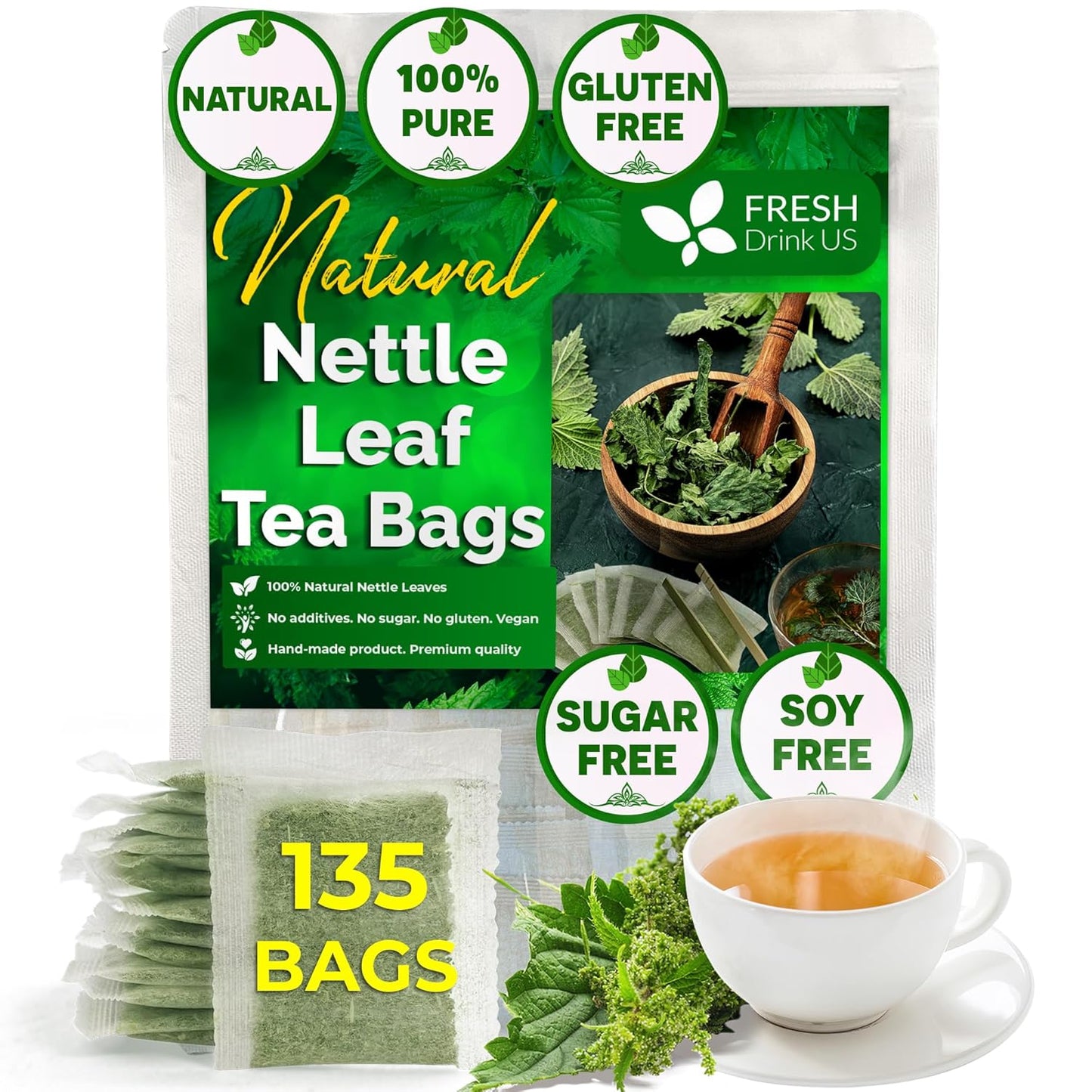 FreshDrinkUS, Premium 135 Nettle Leaf Tea Bags, 100% Natural & Pure, Stinging Nettle Leaf Tea, Nettle Leaf Tea, Burn Nettle, Stinging Nettle, Nettle Tea, Stinger Tea, No Sugar/ Caffeine & Gluten, Vegan