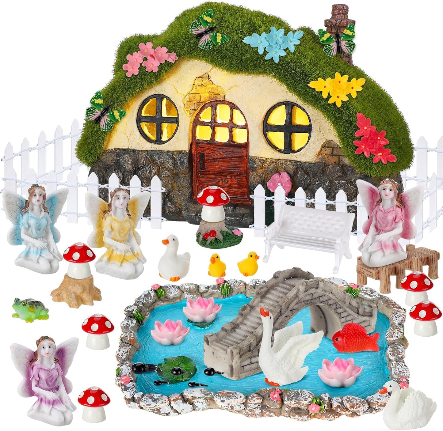 Roowest 57 Pcs Solar Fairy House Garden Accessories Light up Mushroom House Resin Fairy Figures Garden Kit Resin Miniature Fish Pond Figures Micro Landscape Outdoor Decoration