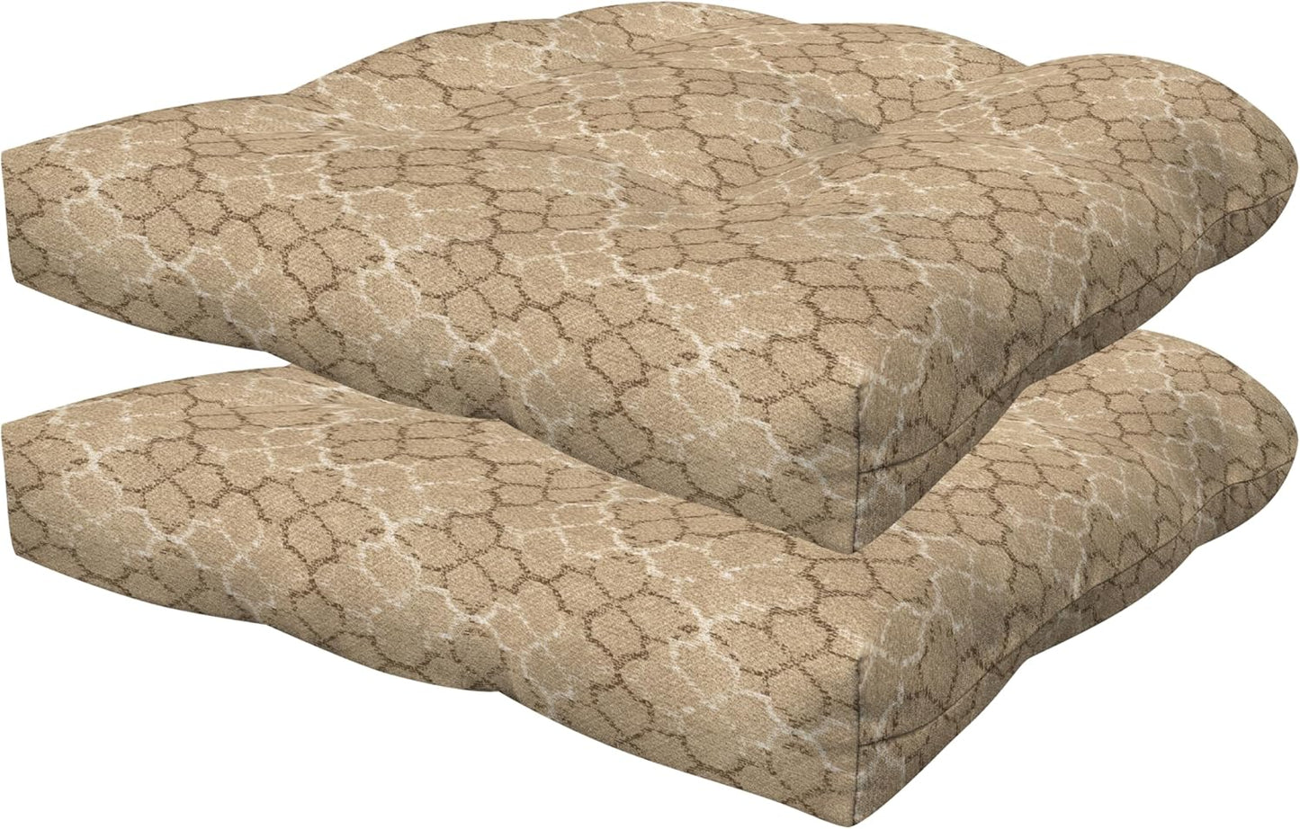 Honeycomb Outdoor Essentials Set of 2 Tufted Seat Pads, 19 x 18, Courtyard Geo Almond Dining Chair Cushions for Patio Furniture