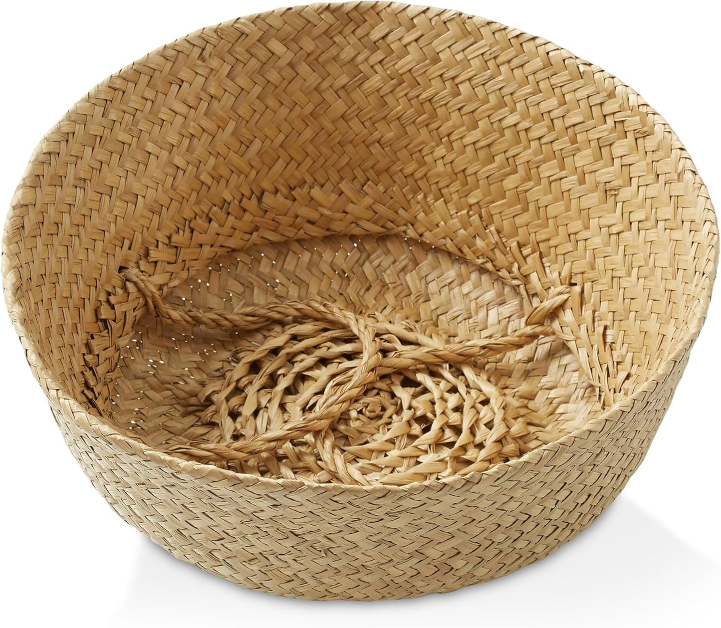 Casafield Seagrass Belly Storage Basket Planter with Handles - Medium, Natural Woven Wicker Indoor Plant Pot Cover for Plants and Trees