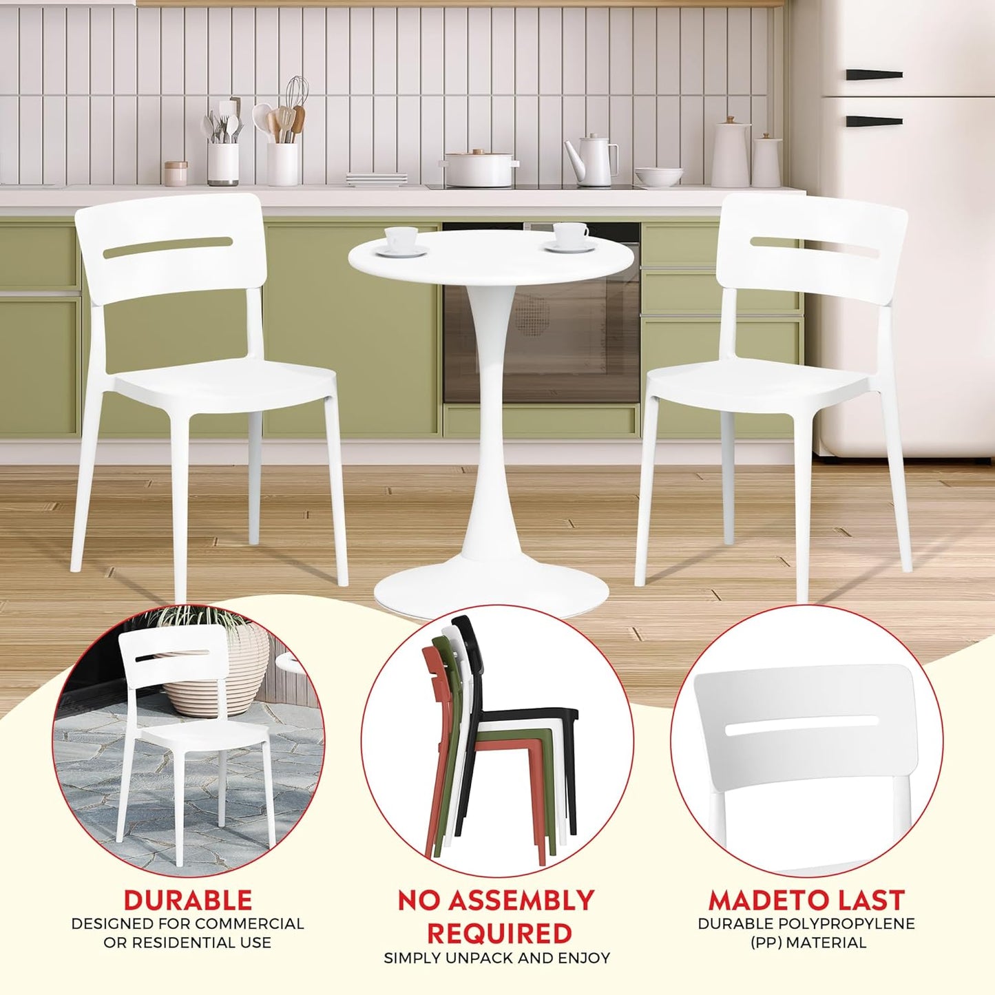 5-Piece Outdoor Dining Set, HDPE Patio Square Bistro Table and Stackable Chairs Sets for 4, Patio Furniture All Weather for Backyard Poolside, White