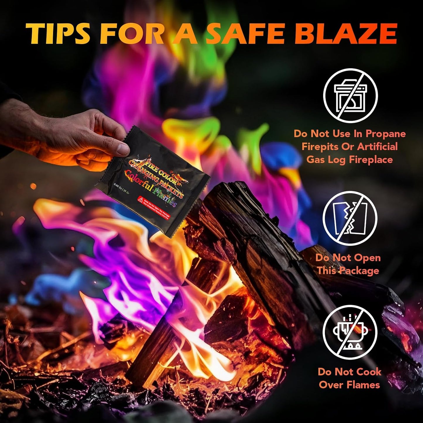 Fire Color Changing Packets for Fire Pit, Campfires, Outdoor Fireplaces, Bonfire - Camping Essentials for Kids & Adults, Camping Accessories Magical Colorful Flames, 25 Pack
