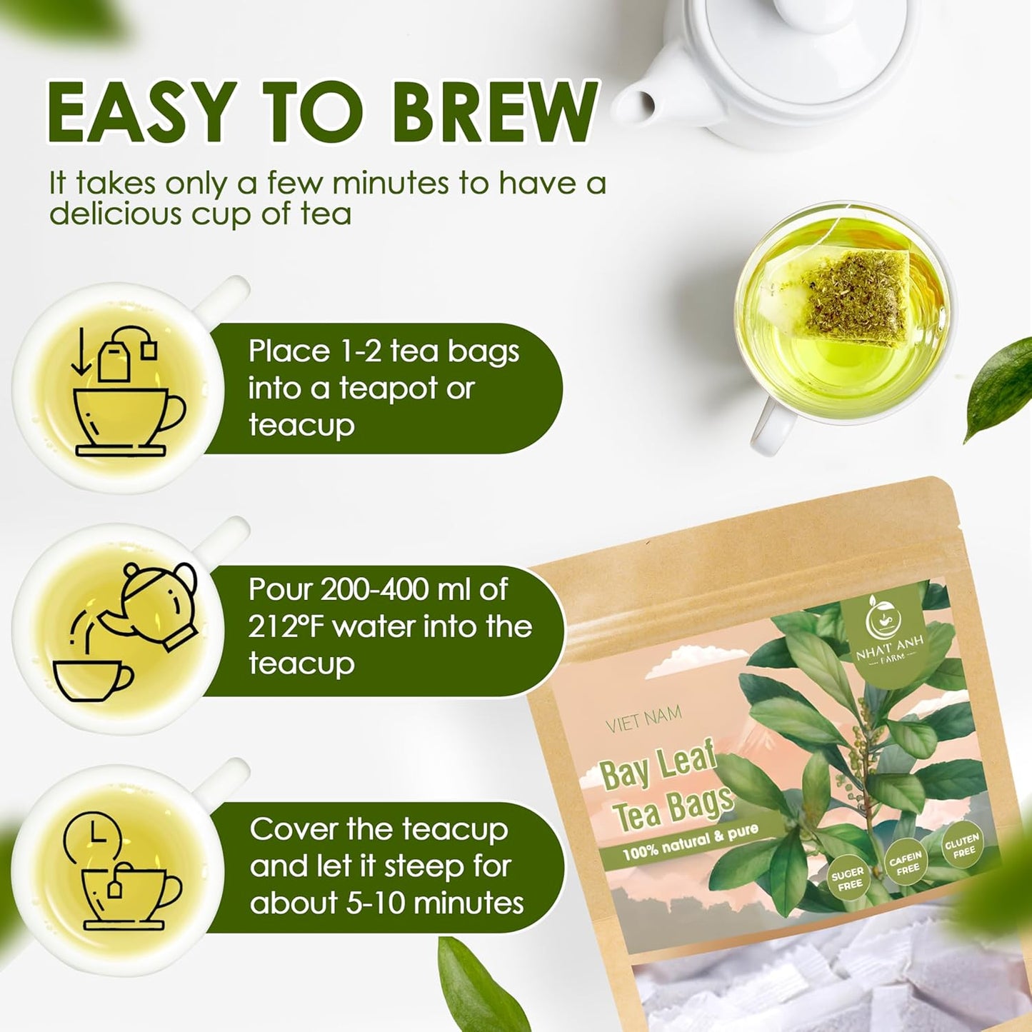 NHAT ANH FARM - Premium Bay Leaf Tea Bags, 100 Tea Bags, 100% Natural Dried Bay Leaf, Sugar-Free, Caffeine-Free, No Additives. Herbal Infusion For Daily Wellness