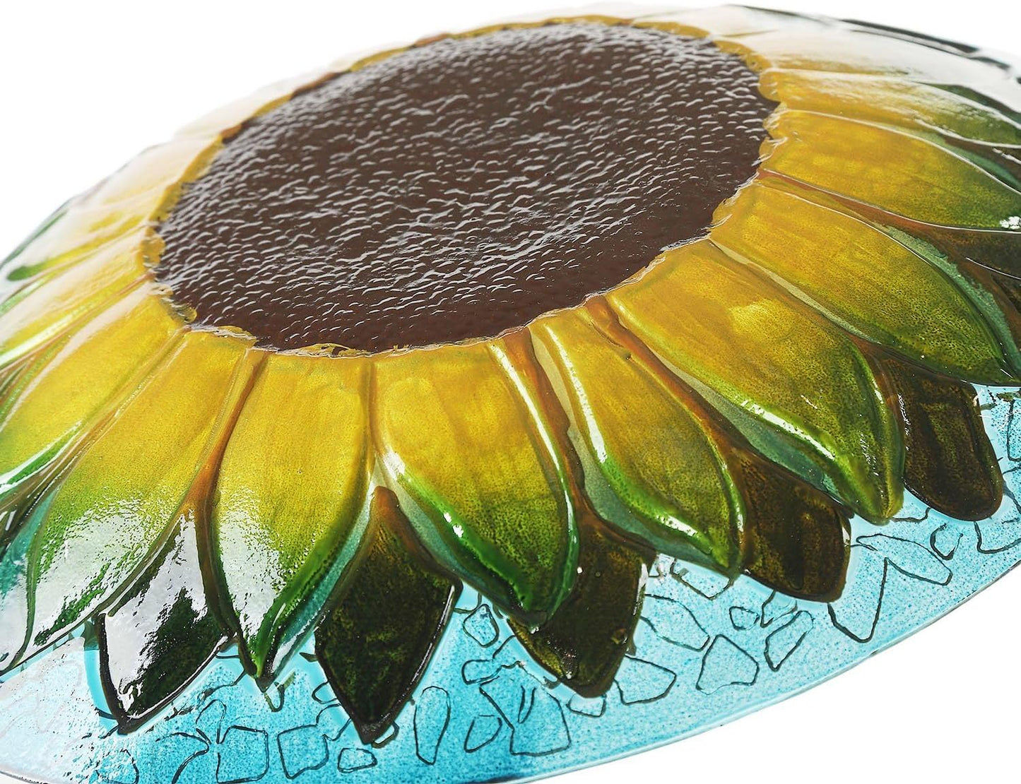 Glass Bird Bath Garden Hand Painted With Crushed Glass Bowl - Large Wild Bird Feeder for Garden, Yard, Patio, Lawn Decor - 18 x 2 x 18 Inches, 64oz