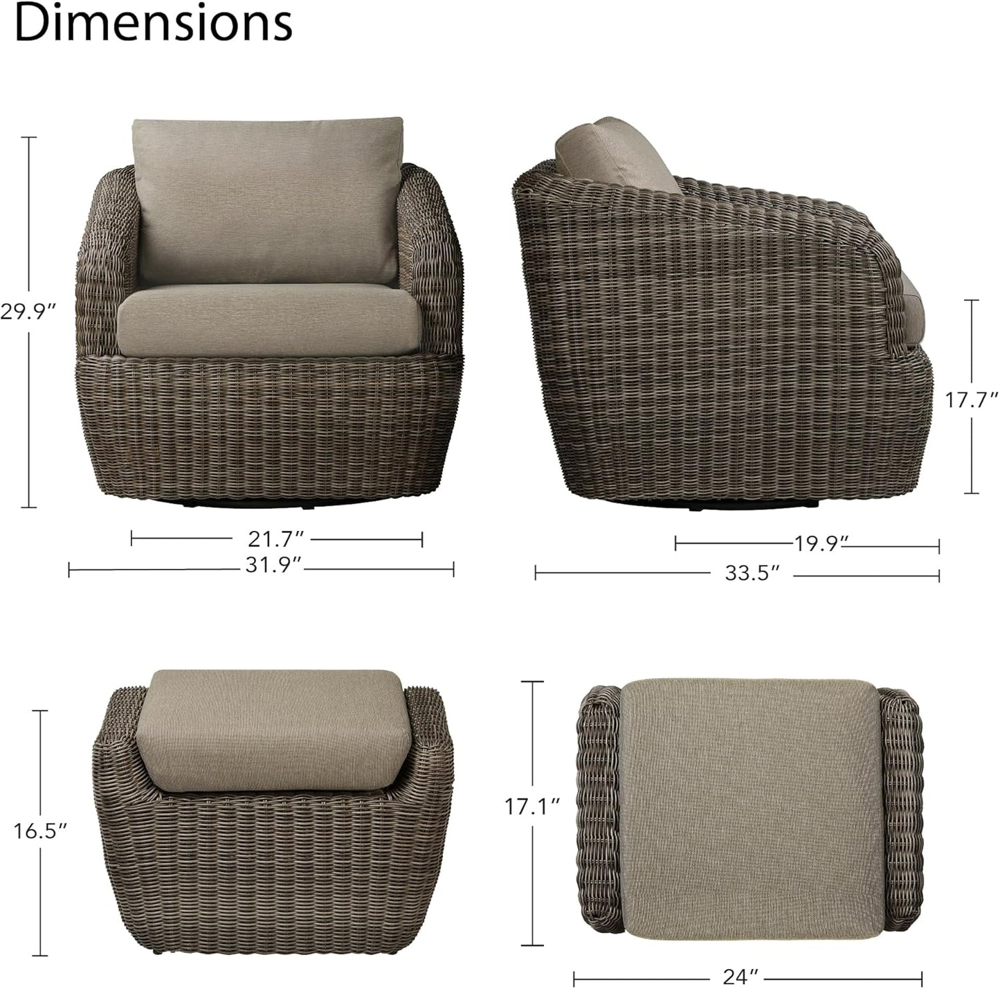 CHITA 2 Pieces Patio Wicker Furniture Set, Outdoor Rattan Chair Set with Removable Thickened Cushions, Fully Assembled(Gray Cushions with Brownish Gray Wicker)