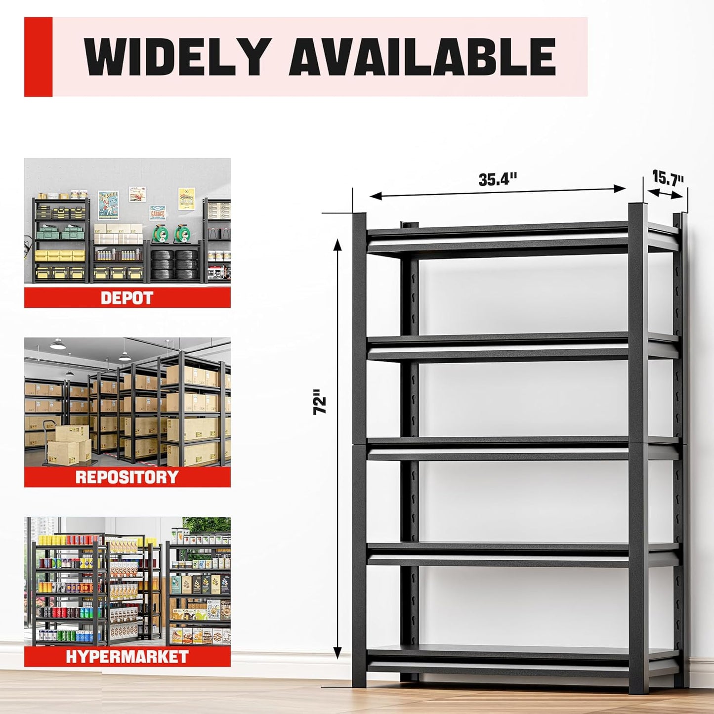 Storage Shelving Rack - 5 Shelf Heavy Duty Garage Storage Shelf, Metal Shelving Organizer for Garage, Home, and Utility Rooms, Maximize Space with Easy Organization16 D x36 W x72 H