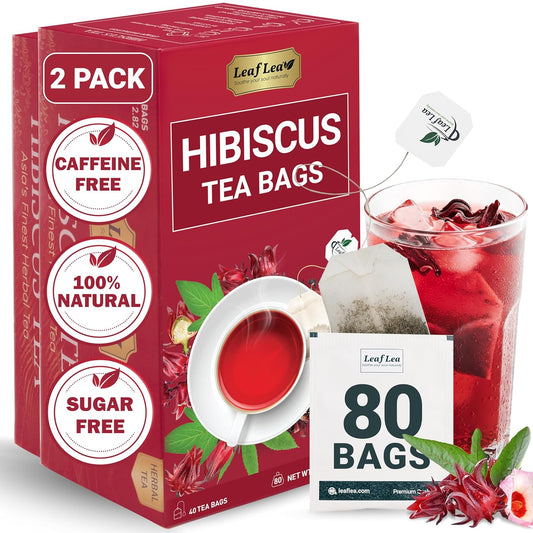 LeafLea 80 Hibiscus Tea Bags, 100% Natural Hibiscus Flowers, Caffeine-Free Herbal Tea, Red Hibiscus Flower Tea Bags, Te de Hibisco Natural, Sugar-Free, Non-GMO, Gluten-Free, Vegan (Pack of 2)