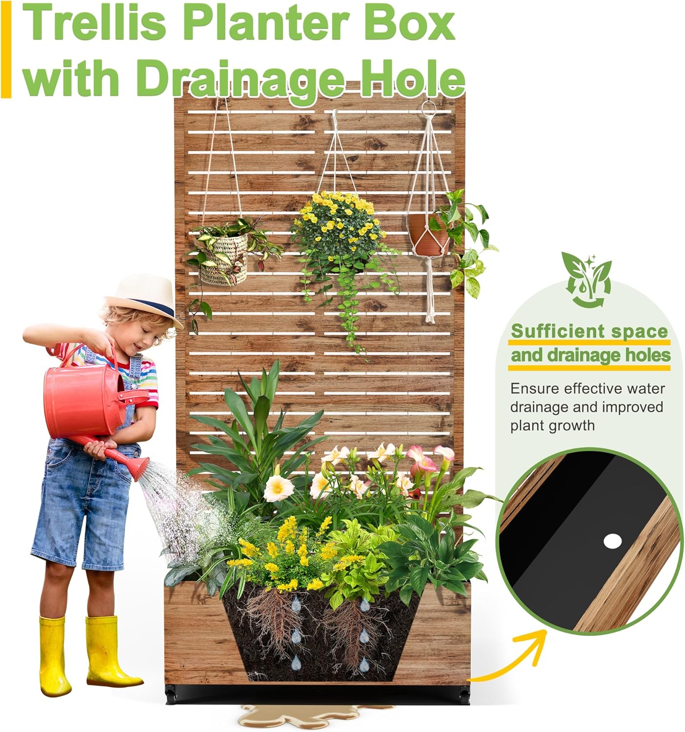 FENCY Metal Raised Garden Bed with Wheels and Trellis,73"x35"x16" Planter Box for Climbing Plants, Vegetables & Vines, Features Privacy Screen and Drainage Holes (Wood Color)