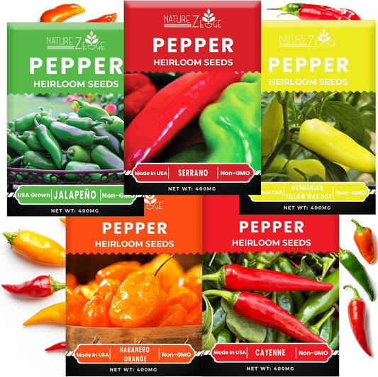 Hot Pepper Seeds for Planting, Cayenne, Hungarian Yellow, Jalapeno, Serrano, Habanero Orange, Heirloom Pepper Seeds Variety Pack, NonGMO, Made in USA