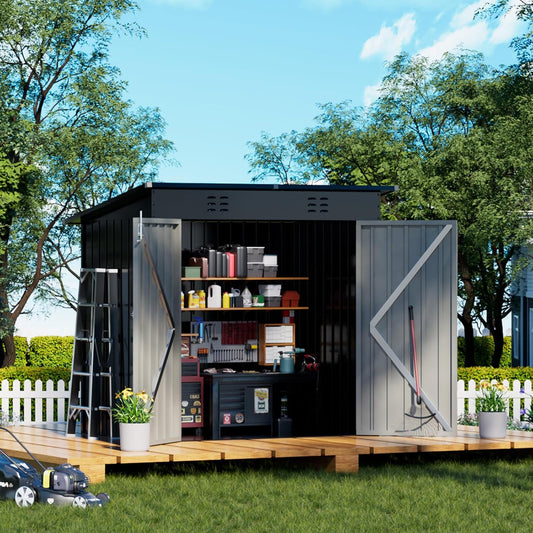 COMHOMA Shed Outdoor Storage Shed Metal,Lockable Doors Tool Sheds with Sloping Roof,Steel Garden Shed with Air Vent for Backyard,Patio,Lawn,Poolside (Black, 6'*4')