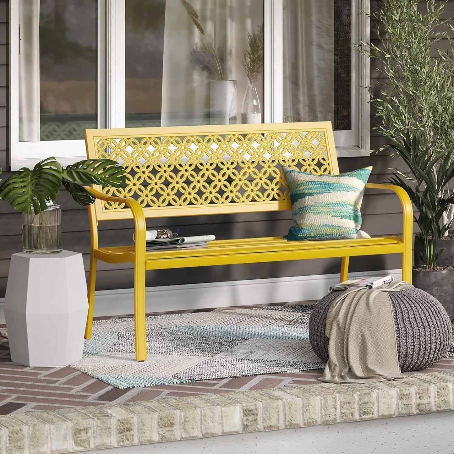 Grand patio 50" Outdoor Bench, Garden Benches with Anti-Rust Metal Powder Coated Frame, Patio Bench for Front Porch Park Outside Furniture Decor, Sunflower Yellow