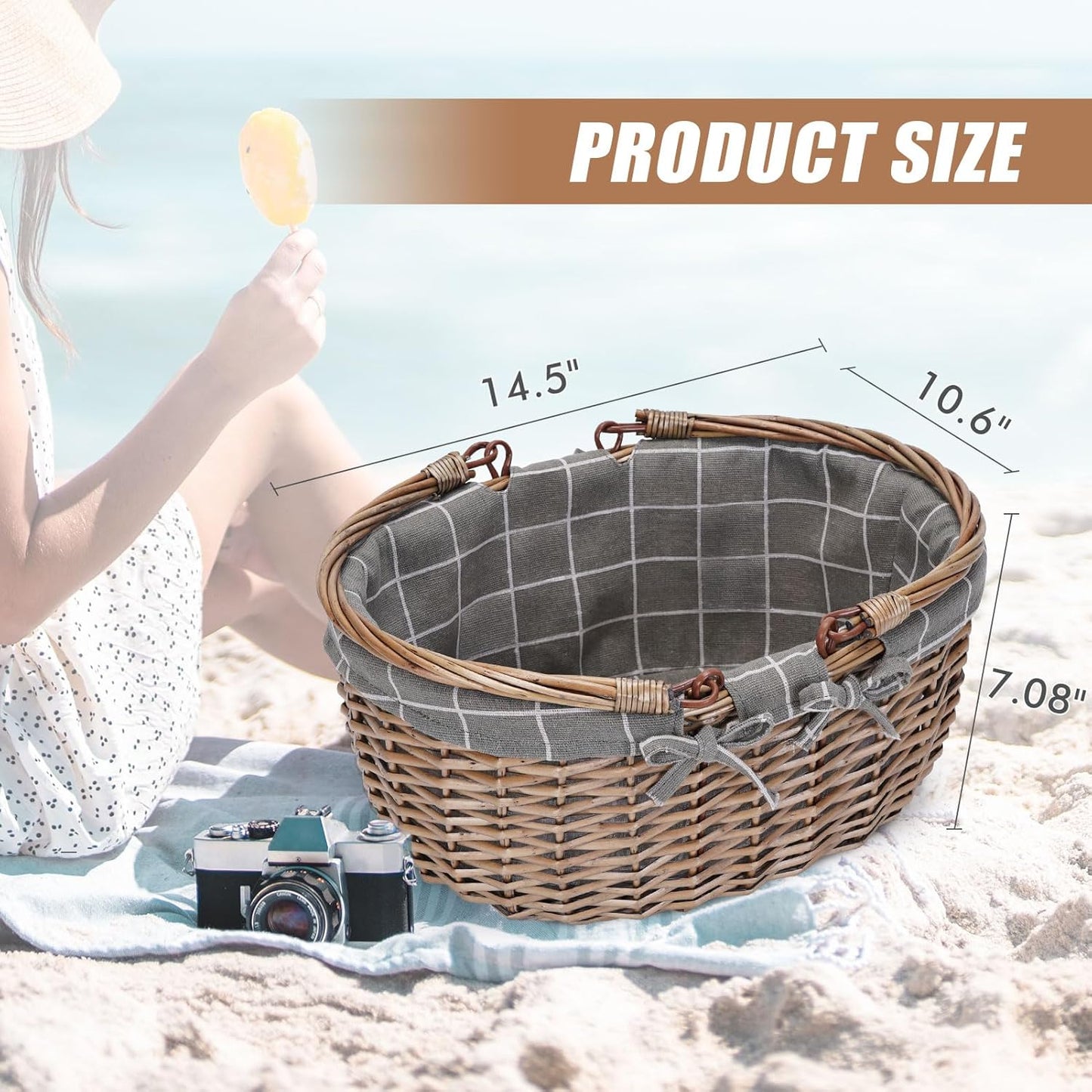 G GOOD GAIN Oval Picnic Basket with Folding Handles, Willow Hand Woven Shopping Basket, Bath Toy Kids Toy Storage Gift Packing Basket, Wicker Empty Easter Eggs and Candy Small Gift Basket.GreyCheck