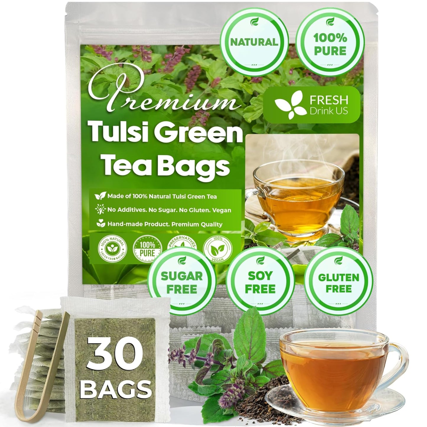 FreshDrinkUS, Premium 30 Tulsi Green Tea Bags, 100% Natural, Blend of Tulsi Holy Basil Leaves, and Green Tea Leaves. Made with Natural Material Tea Bags. No Sugar, Vegan.