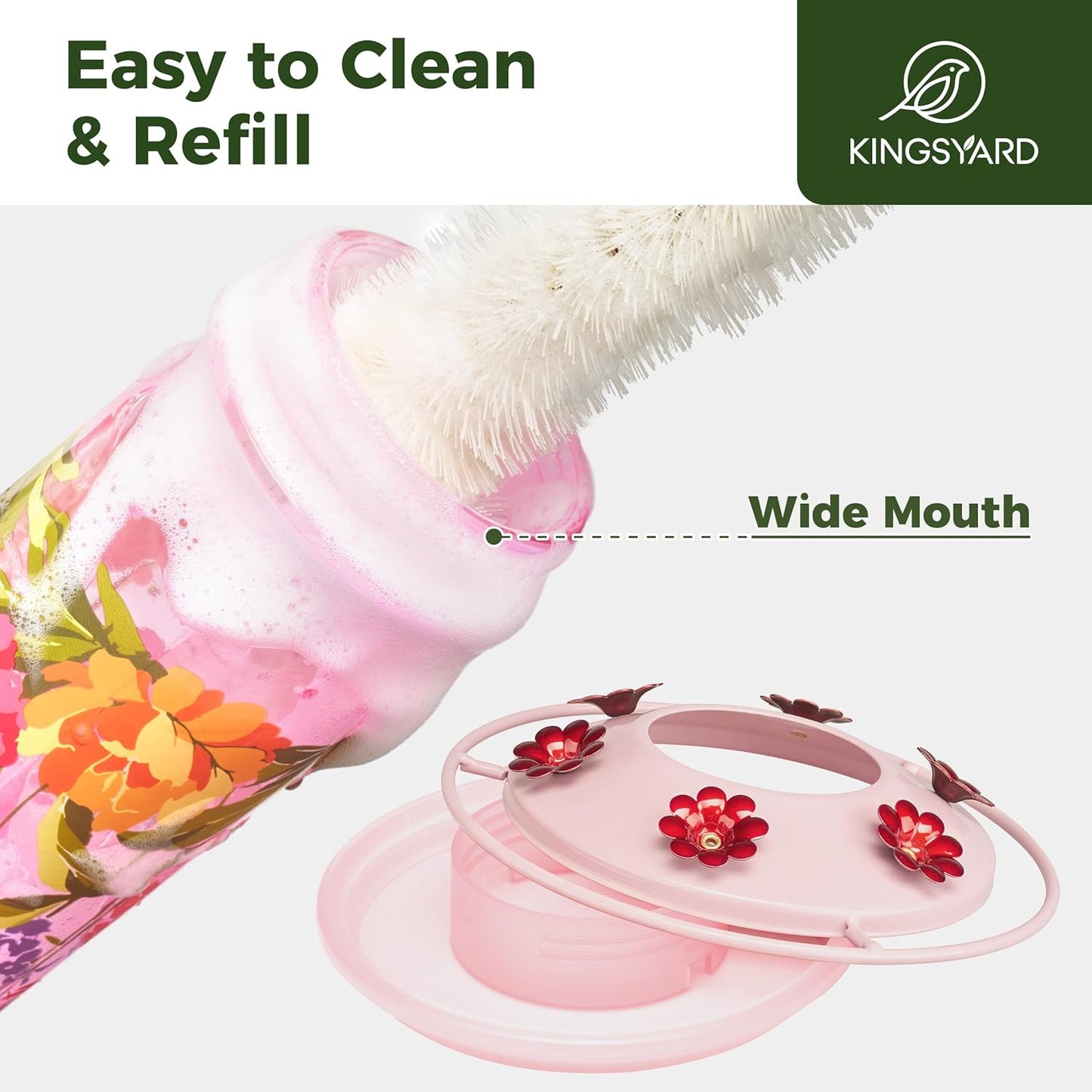 Kingsyard Hummingbird Feeder for Outdoor Hanging - Charming Patterned Glass Humming Bird Feeder with 6 Feeding Ports and Ant Moat, Ideal Gift Choice for Bird Lovers, Pink