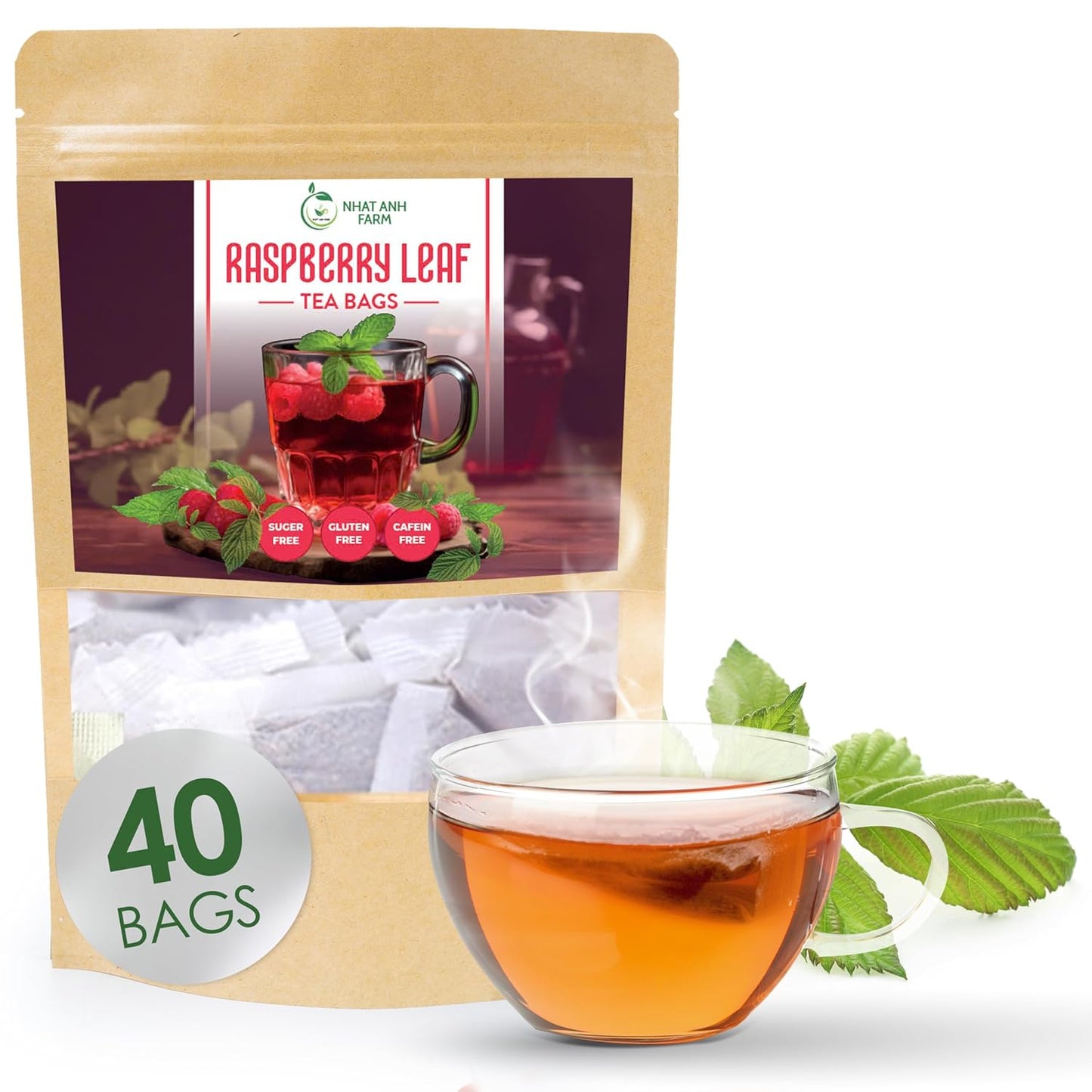 Nhat Anh Farm - Premium Red Raspberry Tea Bags - 40 Dried Red Raspberry Leaf Tea Bags, 100% Natural & Pure Raspberry Leaf, Sugar/Caffeine/Gluten Free. Good For Female Health.