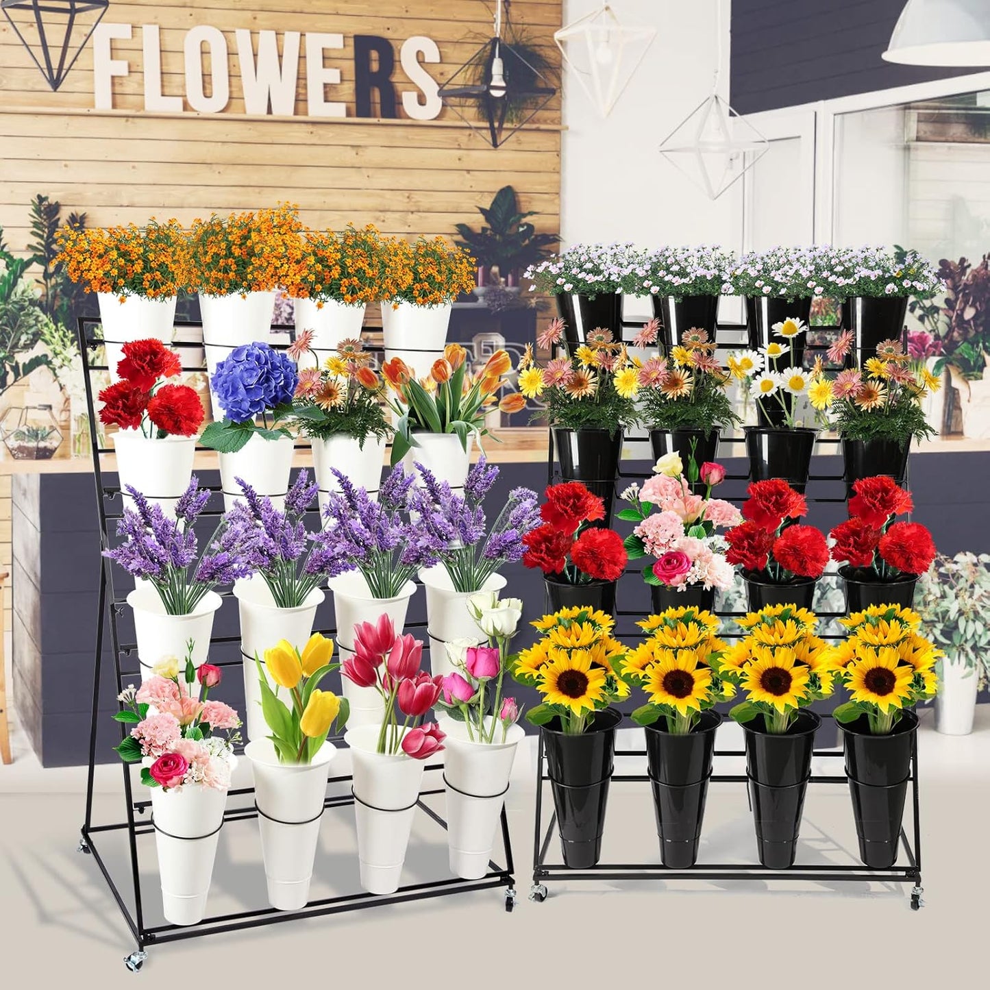 Flower Display Stand with Buckets, 3 layers Metal Plant Stand with Wheels, Moving Florist Bouquet Shelf for Fresh Flower Shop, for Patio Garden, Living Room, Outdoor Flower Pop-Up Events (Black Frame - Black Bucket)