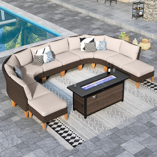 Sophia & William Patio Furniture Set with Fire Pit Table, 11 Piece Half Moon Outdoor Wicker Sectional Sofa Set, Rattan Conversation Set with 56-Inch Fire Pit Table & Ottoman (Beige)