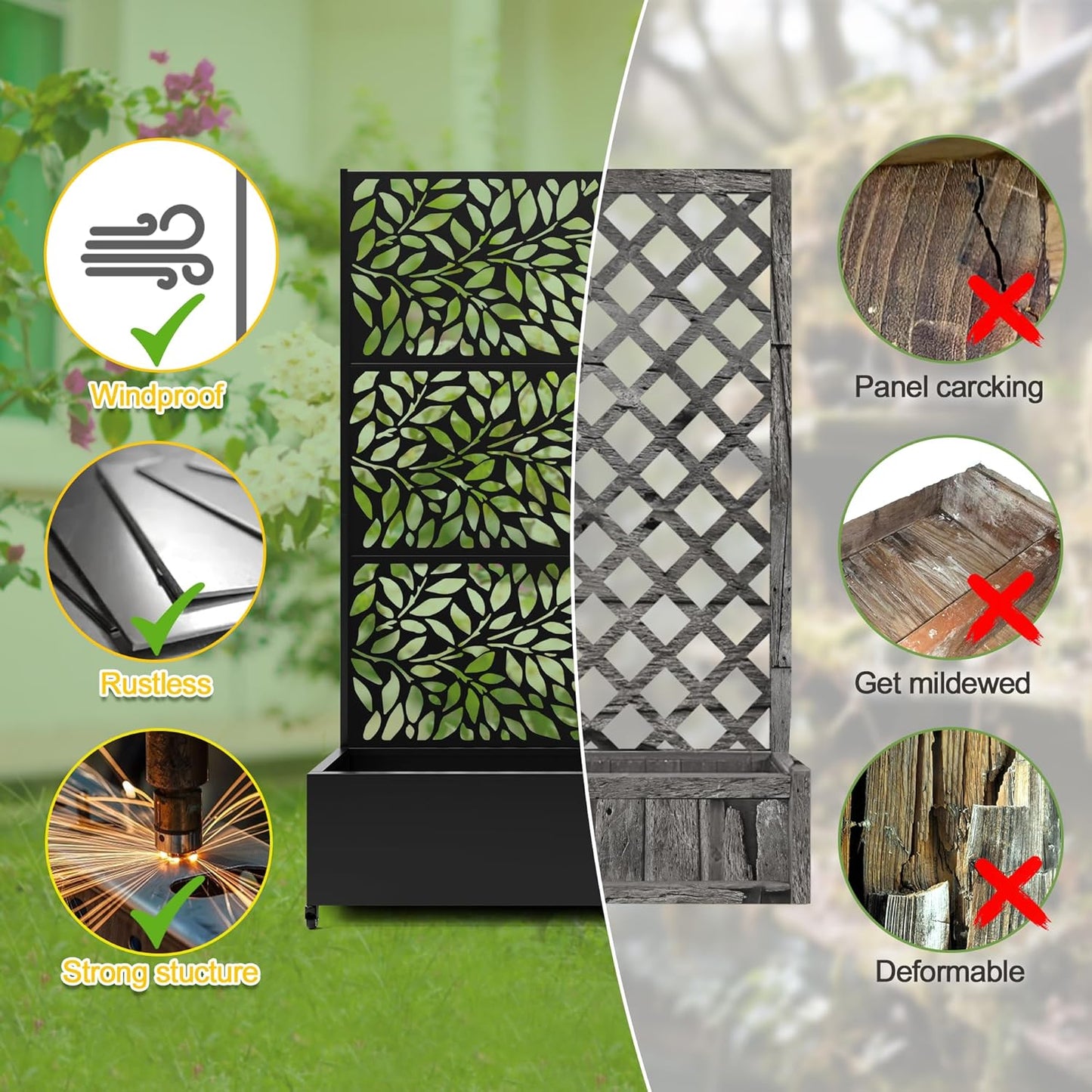 FENCY Metal Raised Garden Bed with Wheels and Trellis,73"x47"x16" Planter Box for Climbing Plants, Vegetables & Vines, Features Privacy Screen and Drainage Holes (Black-Leaf-2)