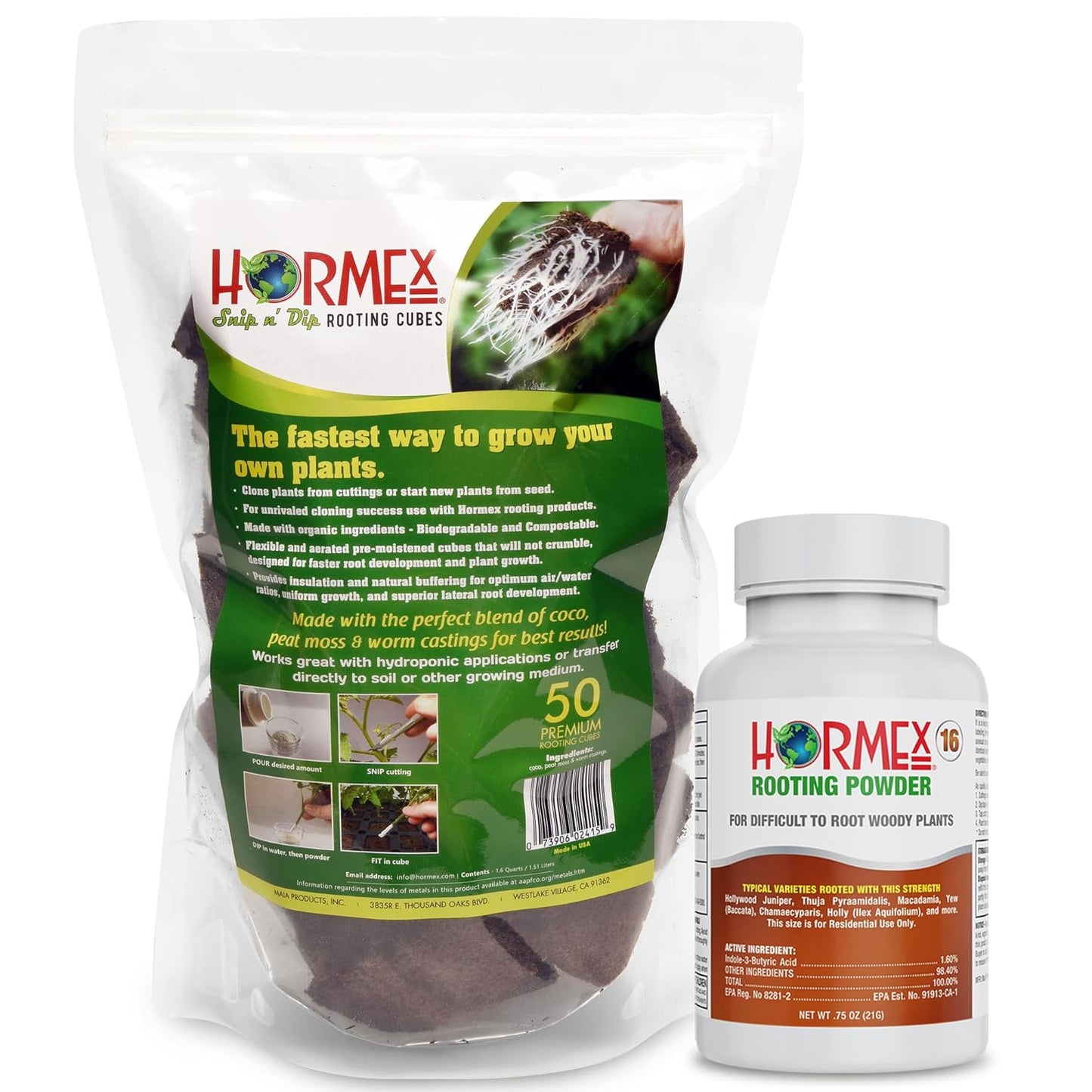 Hormex Rooting Powder #16 & Rooting Cubes Combo - Rooting Hormone for Hardwood Cuttings & Organic Peat Moss Coco Plugs - Fast, Healthy Root Growth for Propagation, Hydroponics, & Seed Starting