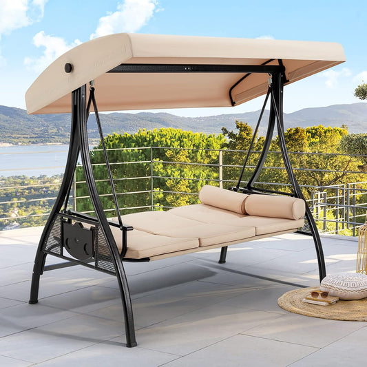 HOMREST 3 Person Outdoor Porch Swing with 1.5" Upgraded Cup Holder, Adjustable Canopy, Backrest, Patio Swing Bed with Weather Resistant Steel Frame, Cushions for Garden,Deck and Poolside(Khaki)