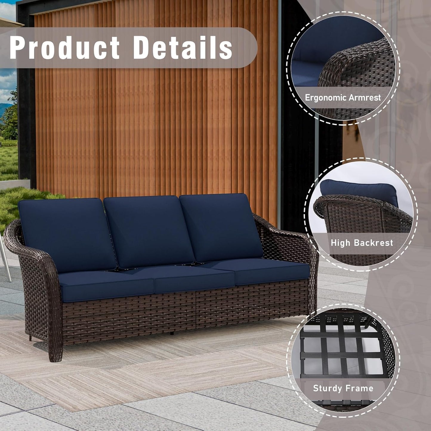 77 inch Outdoor Wicker 3 Seater Sofa, All-Weather Use Patio Rattan Sofa with Seat and Back Cushion, Ideal for Porch, Backyard, Balcony, Poolside, Blue