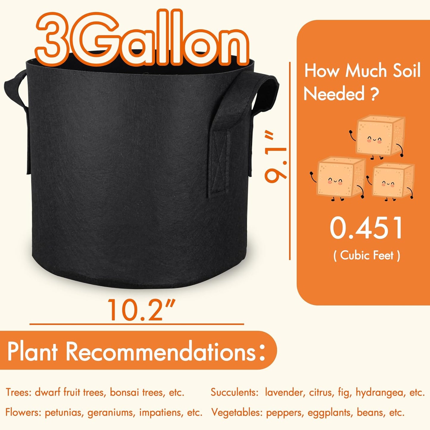 Gardzen 10-Pack 3 Gallons Grow Bags, Aeration Fabric Pots with Handles, Heavy Duty Cloth Pots for Plants