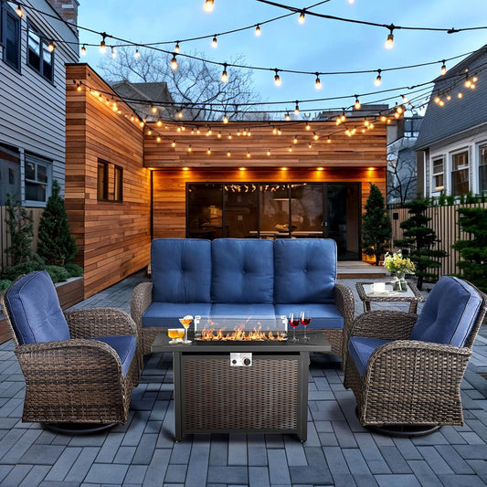 HUMMUH 5-Piece Patio Furniture Set with Fire Pit,Wicker Outdoor Swivel Rocker Chairs Patio Sofa for Backyard,Poolside,Deck