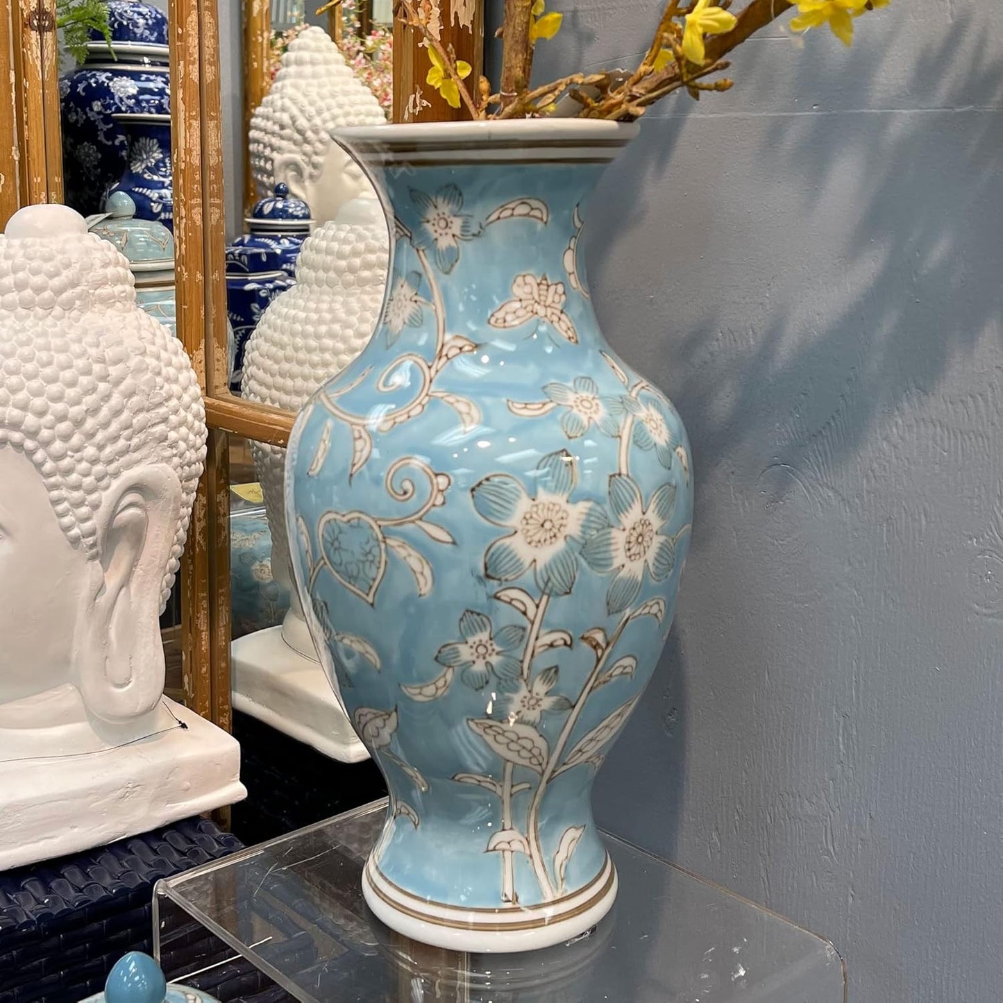 Galt International Light Blue and White Flower & Heart Chinoiserie Ceramic Vase 14"- Hand Painted Antique Style Porcelain Flower Bottle Fishtail Porcelain Chinese Vase for Home Decor Centerpiece