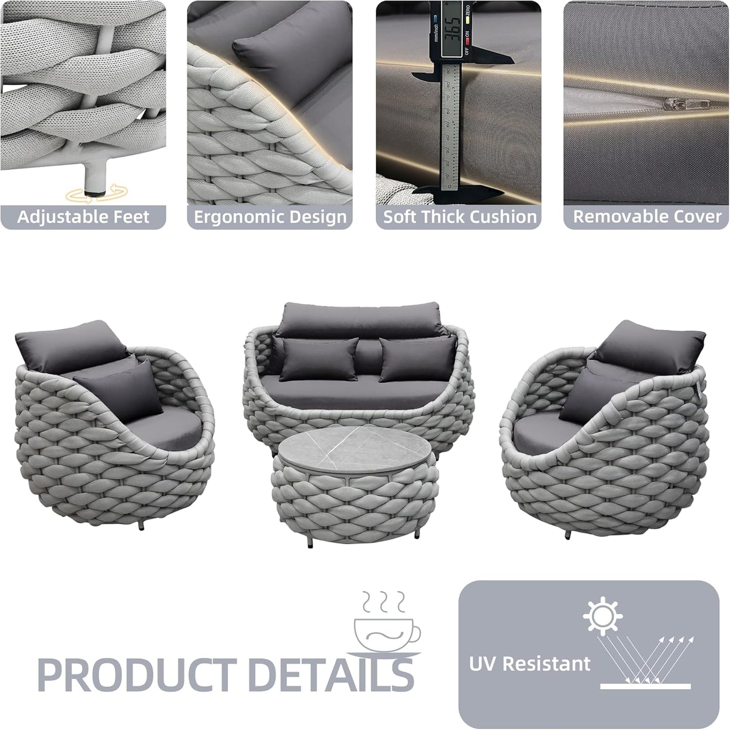 TWT Patio Furniture Set 4 Pieces Aluminum Outdoor Furniture w/27.8in Coffee Table,Patio Conversation Set with Hand Woven Polyester Rope for Backyard Garden Poolside,Gray