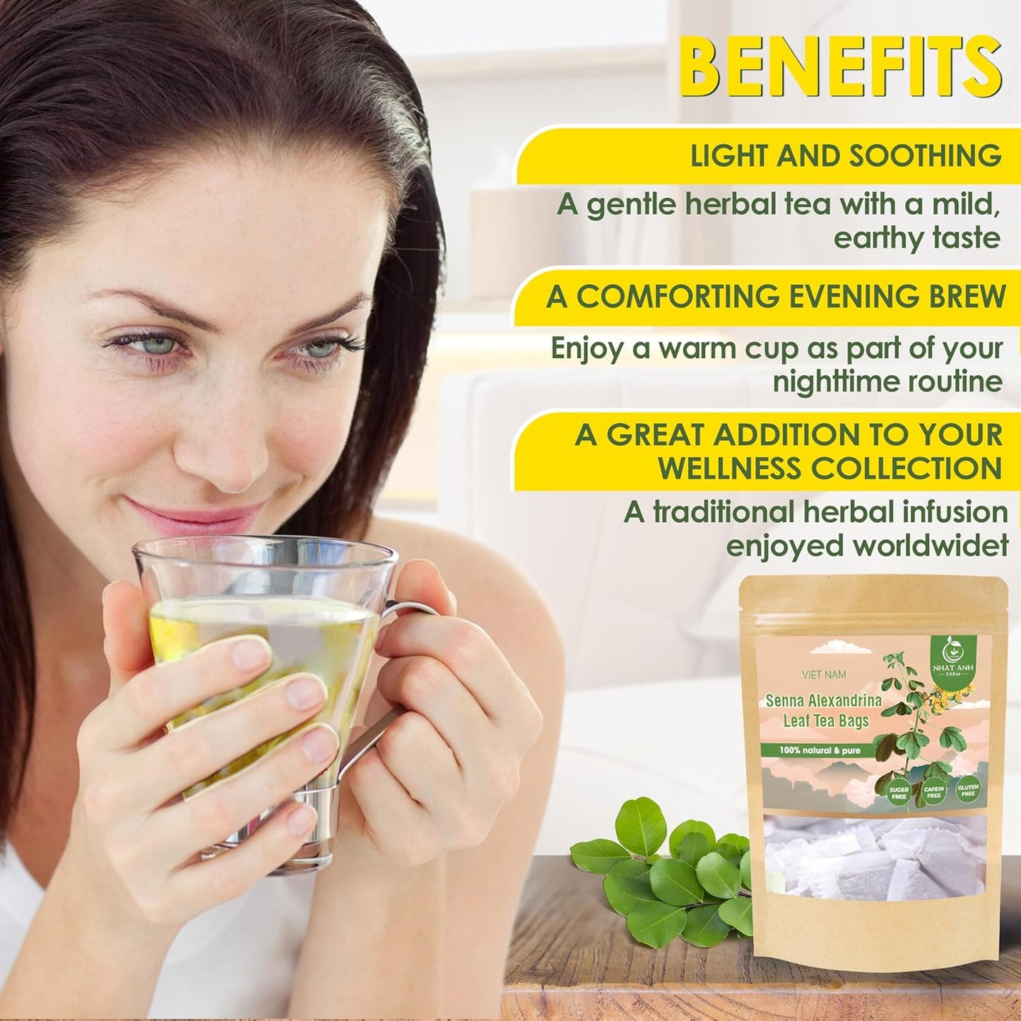 NHAT ANH FARM - Premium Senna Leaf Tea Bags, 40 Senna Leaf Tea Bags, 100% Natural Dried Senna Leaf, Naturally Sweet Herbal Tea, Sugar-Free, Caffeine-Free, No Additives.