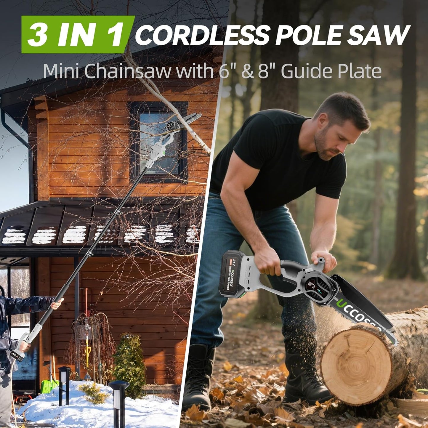 3-in-1 Electric Pole Saws for Tree Trimming 6&8" Mini Chainsaw Cordless with Extension Pole, 850W Brushless Motor,Auto Oiling,Total Reach of Max 15ft, Pole Saw for Home & Garden & DIY