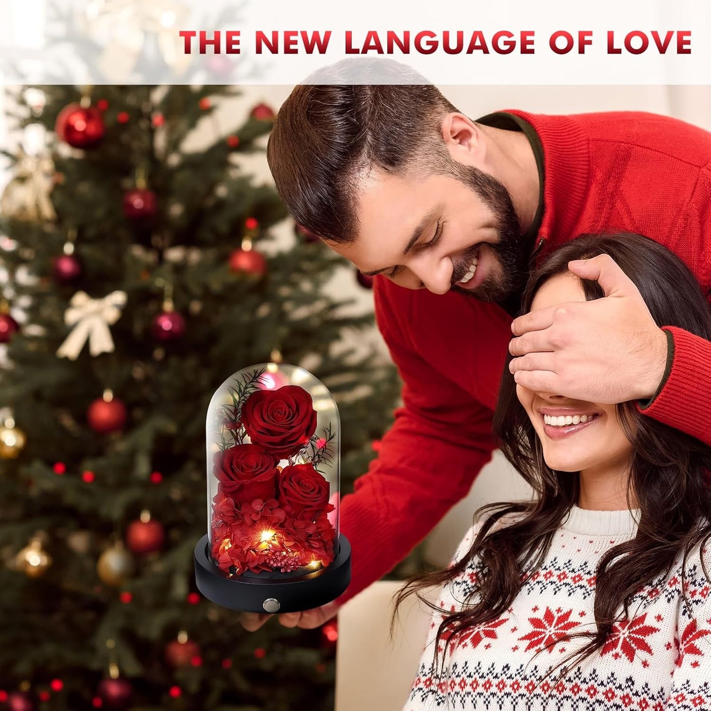 Flowers Forever for Delivery, Preserved Rose in Glass Dome with LED Gifts for Her, Forever Flower for Women on Valentines Day, Mothers Day, Anniverysary, Birthday, Red