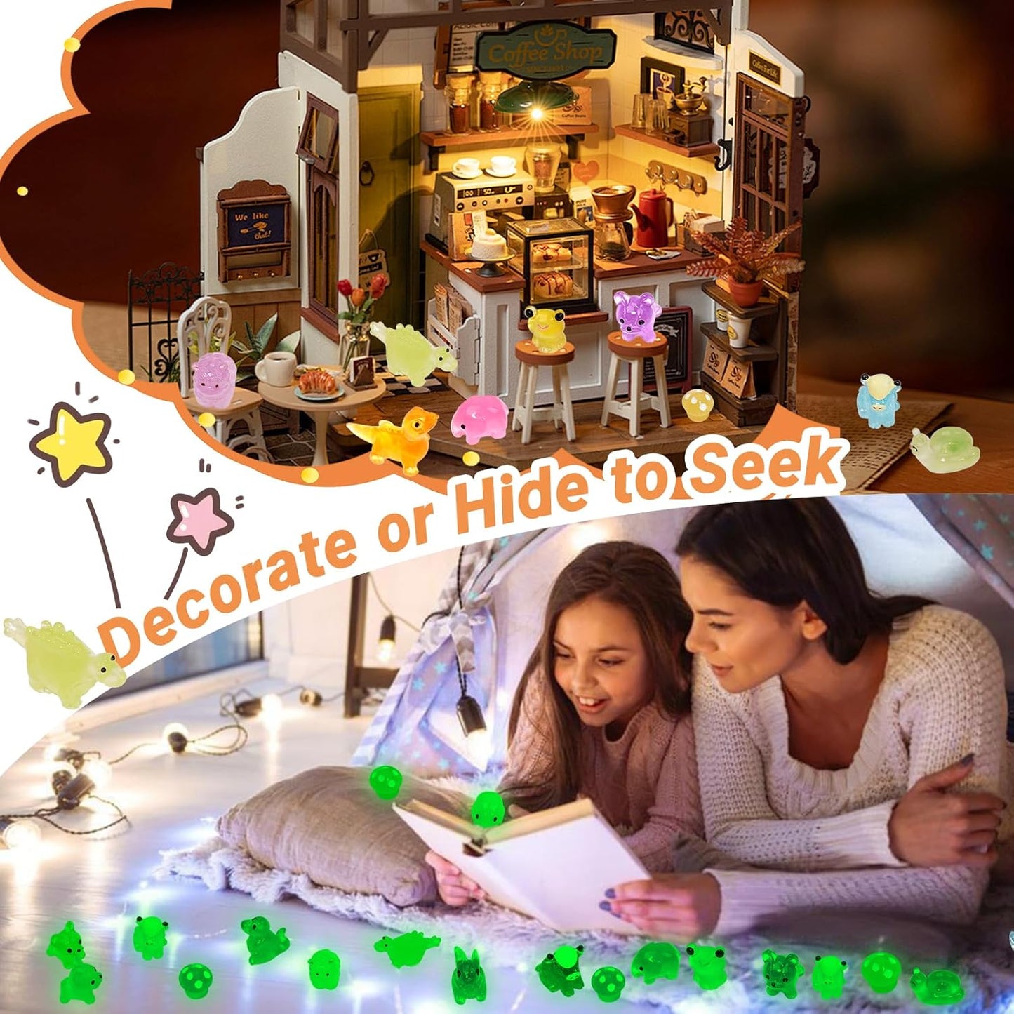 Mini Resin Animals Figures to Hide, 72 PCS Tiny Animal Figurines Small Plastic Animals Variety Pack Luminous Glow in The Dark, Little Ducks Miniature Dinosaurs for Fairy Garden Aquarium Decor