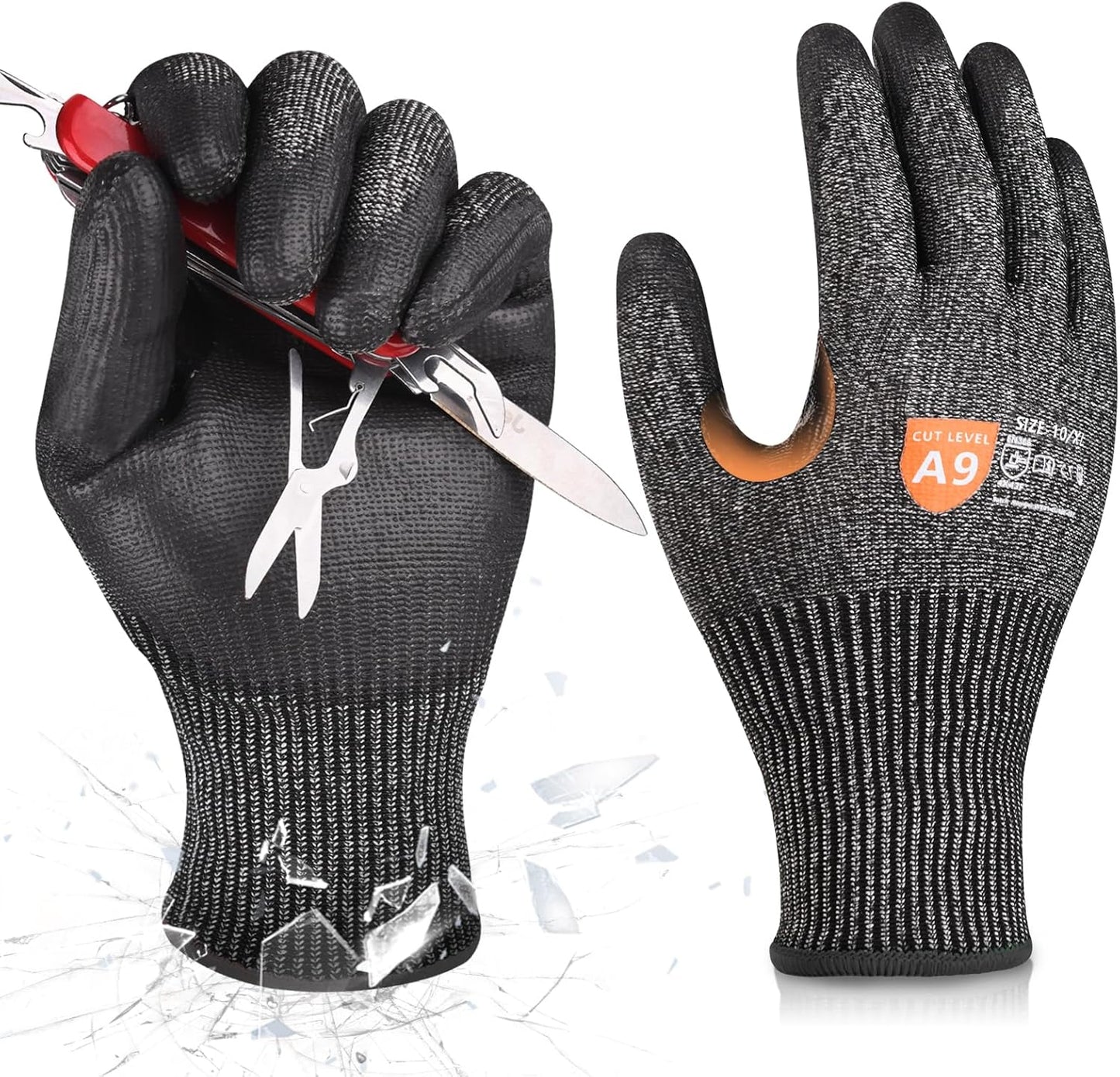 Donfri 3 Pairs A9 Cut Resistant Work Gloves for Men - Steel + HPPE Hybrid Safety Gloves for Men, ANSI Cut Level 9 Protection Flexible for Metal Glass Wood Construction Fishing