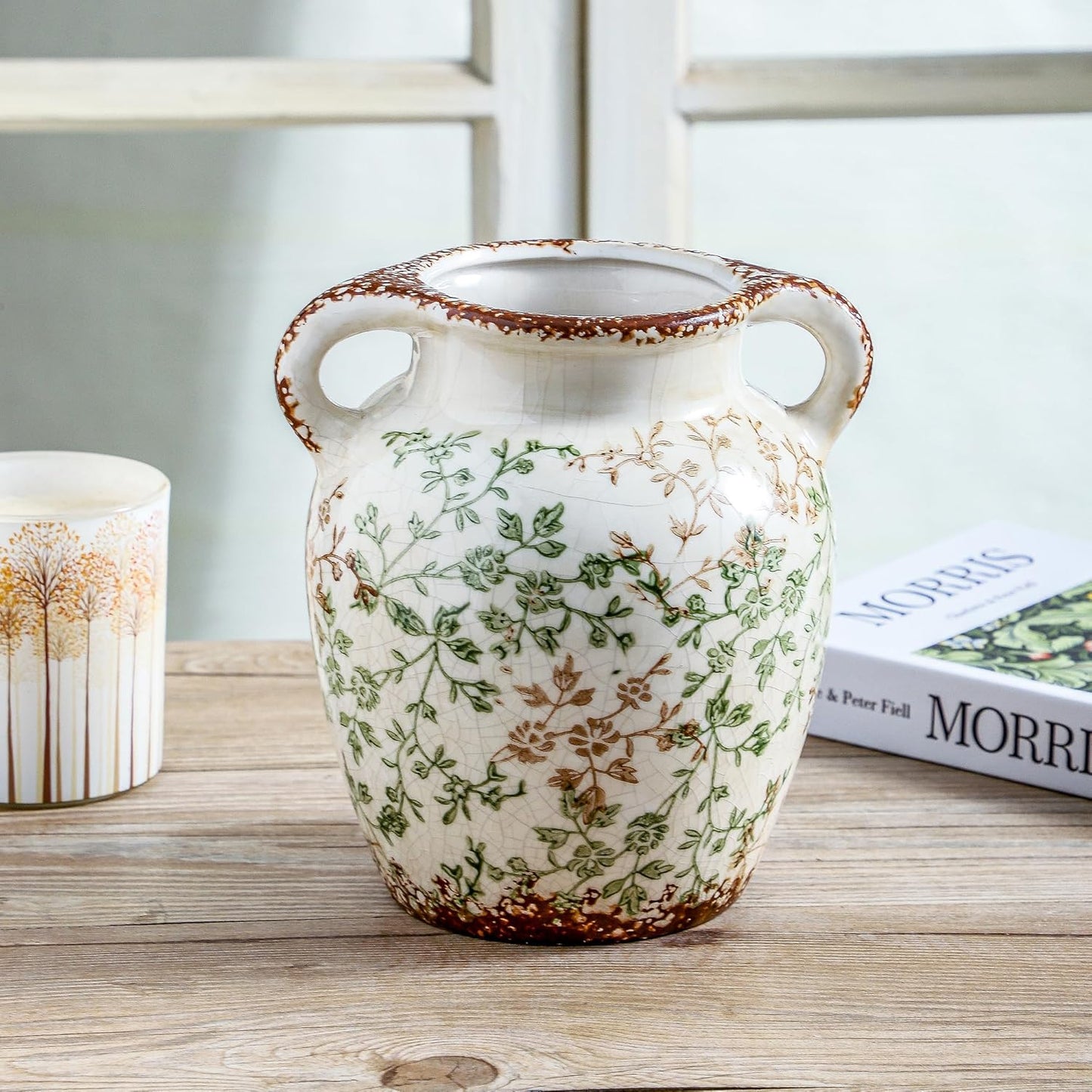 Enra Vintage vase,7.8 Inch Green and Beige Ceramic Decorative Flower vase, Chinoiserie Floral Vase,Large Rustic Vases for Home Decors, Living Room, Bookshelf, Office