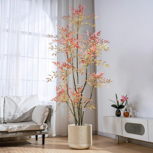 7.2ft Faux Bamboo Tree Artificial Nandina Tree Artificial Indoor Plants Realistic Fake Potted Tree with 800+ Leaves, Cement Planter - Home Office Decor Perfect for Housewarming Gift Non-Toxic