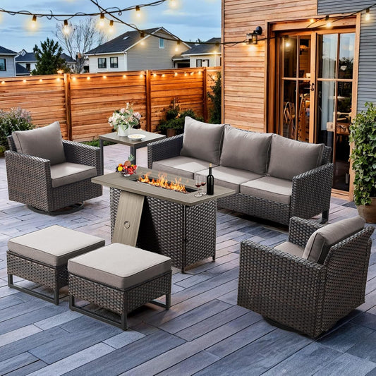HUMMUH 7 Piece Patio Furniture Set with Fire Pit 41in 55,000 BTU,Wicker Outdoor Conversation Sets - Patio Swivel Chairs Sofa Ottomans,Side Table for Porch,Garden,Backyard