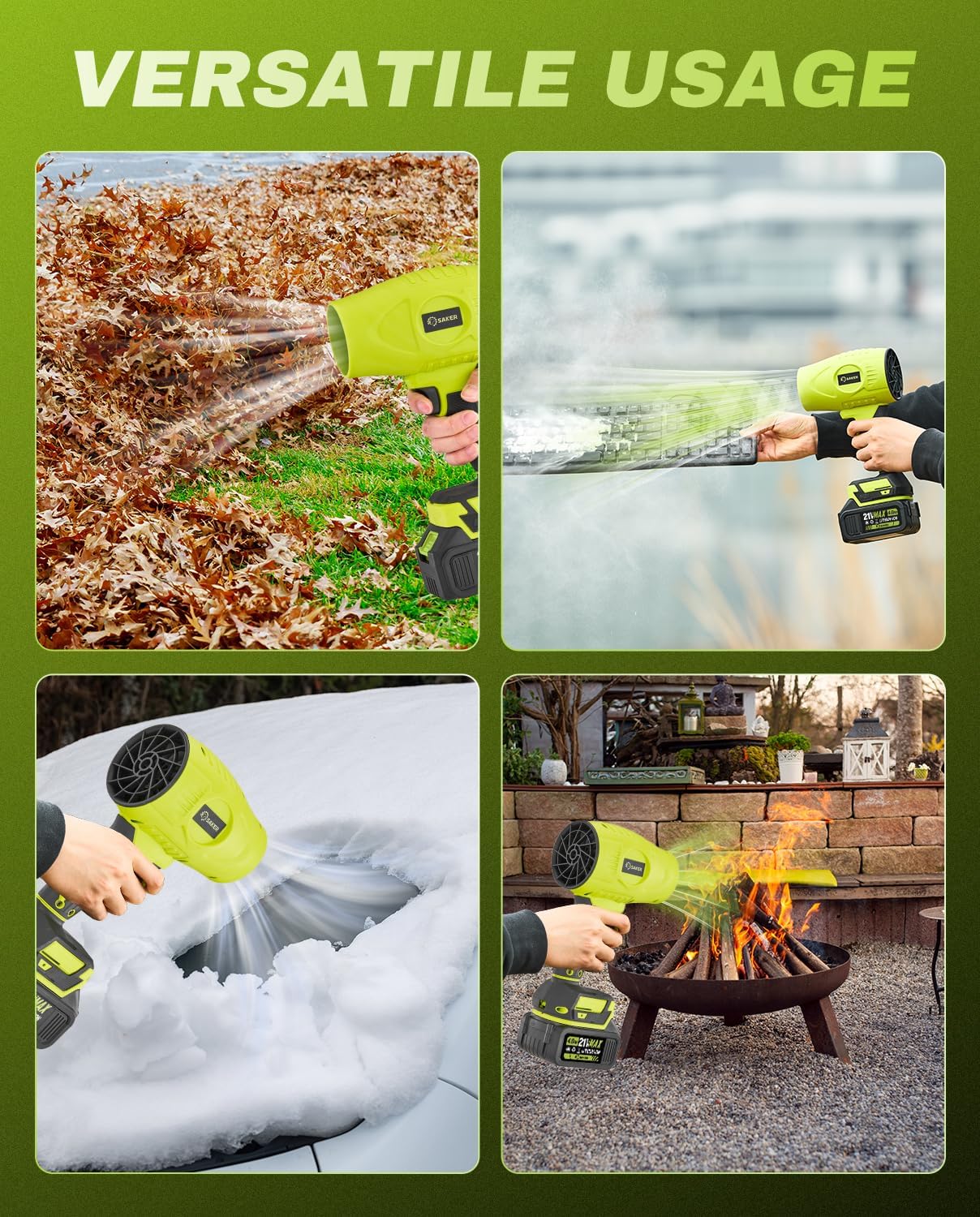 Saker Cordless Leaf Blower Portable Dust Cleaner Handheld Blowers 2 x 4.0Ah Batteries 180000 RPM Air Duster with Adjustable Speed for Drying Patio Cleaning Green