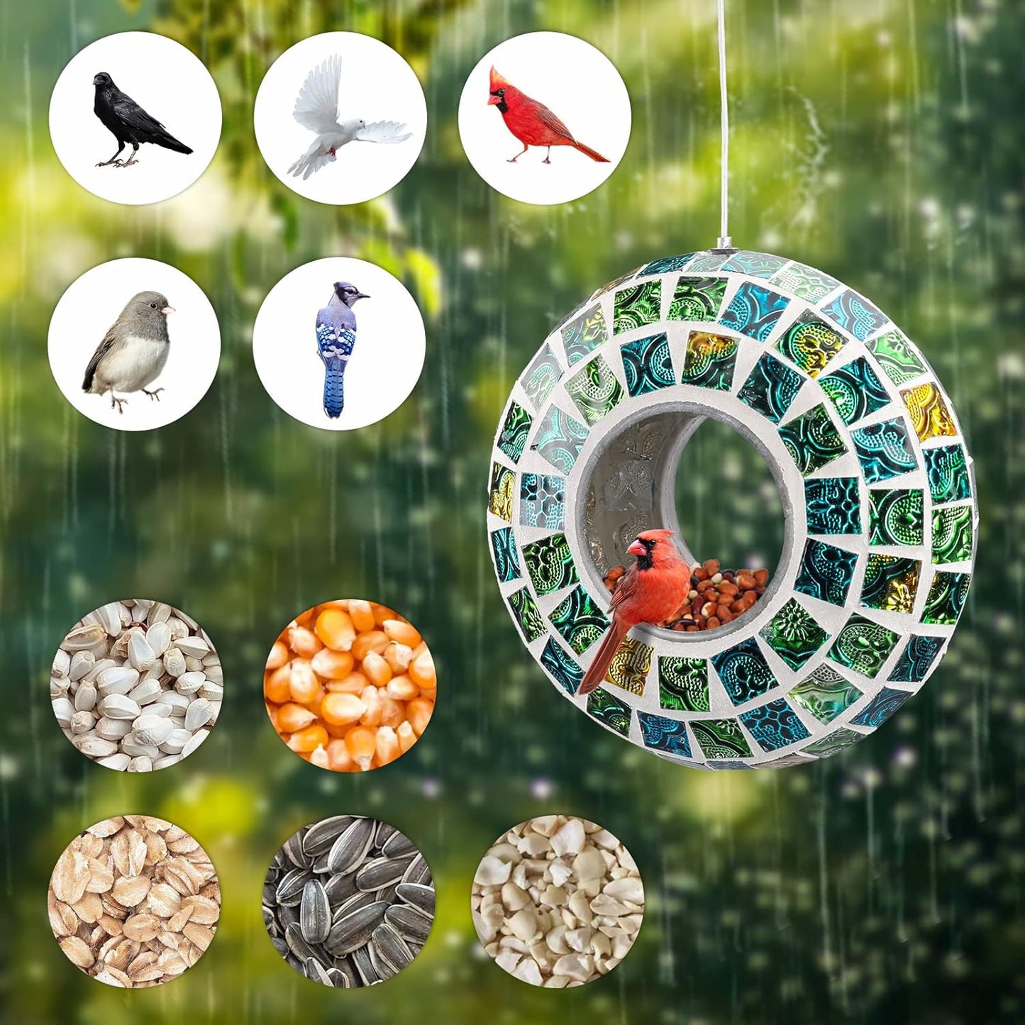 Yinns Bird Feeder - Fly Through Birds Feeder for Outside, Hanging Mosaic Glass Birdfeeder for Outdoors Circle Wild Bird Seed Container, 7-inch Green