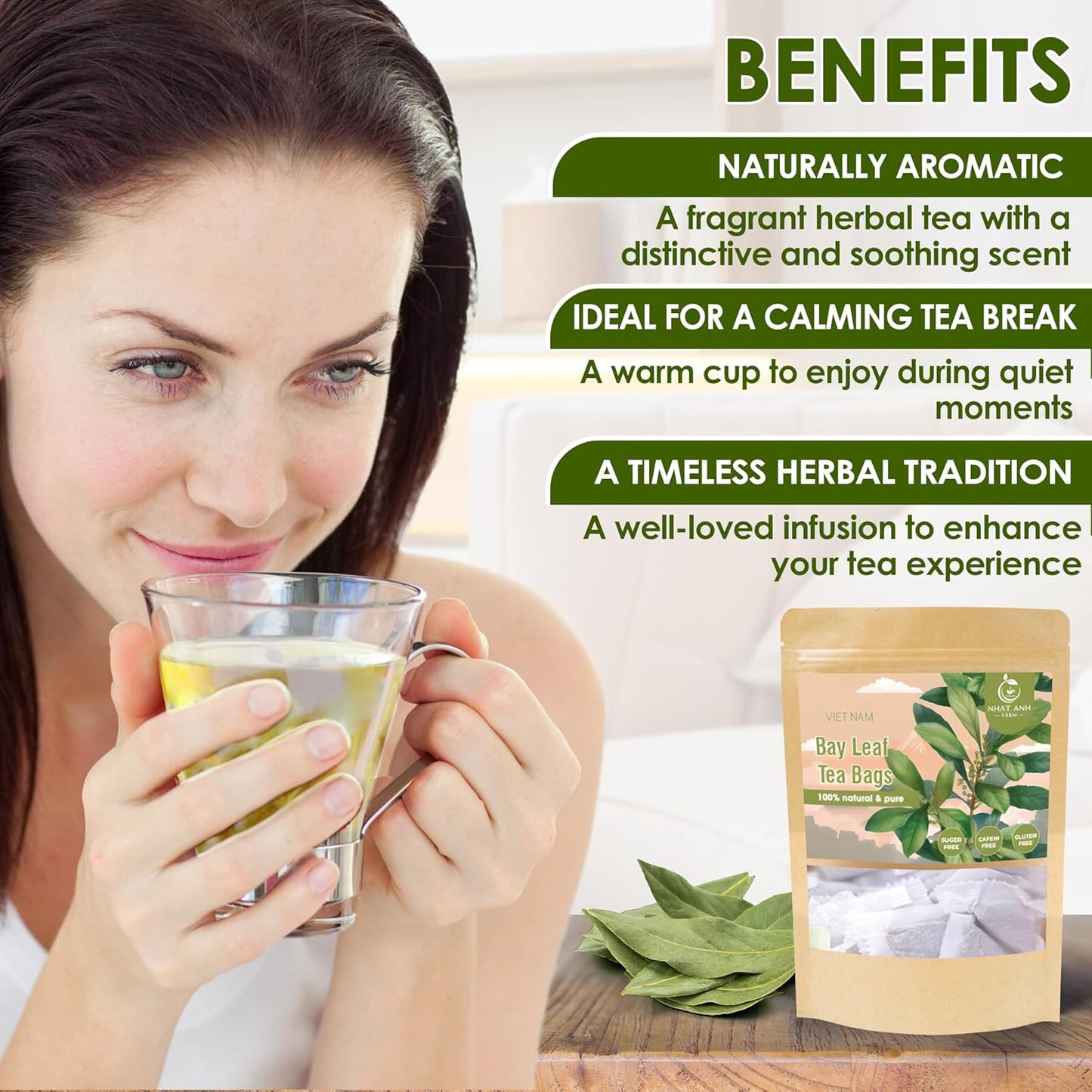 NHAT ANH FARM - Premium Bay Leaf Tea Bags, 100 Tea Bags, 100% Natural Dried Bay Leaf, Sugar-Free, Caffeine-Free, No Additives. Herbal Infusion For Daily Wellness