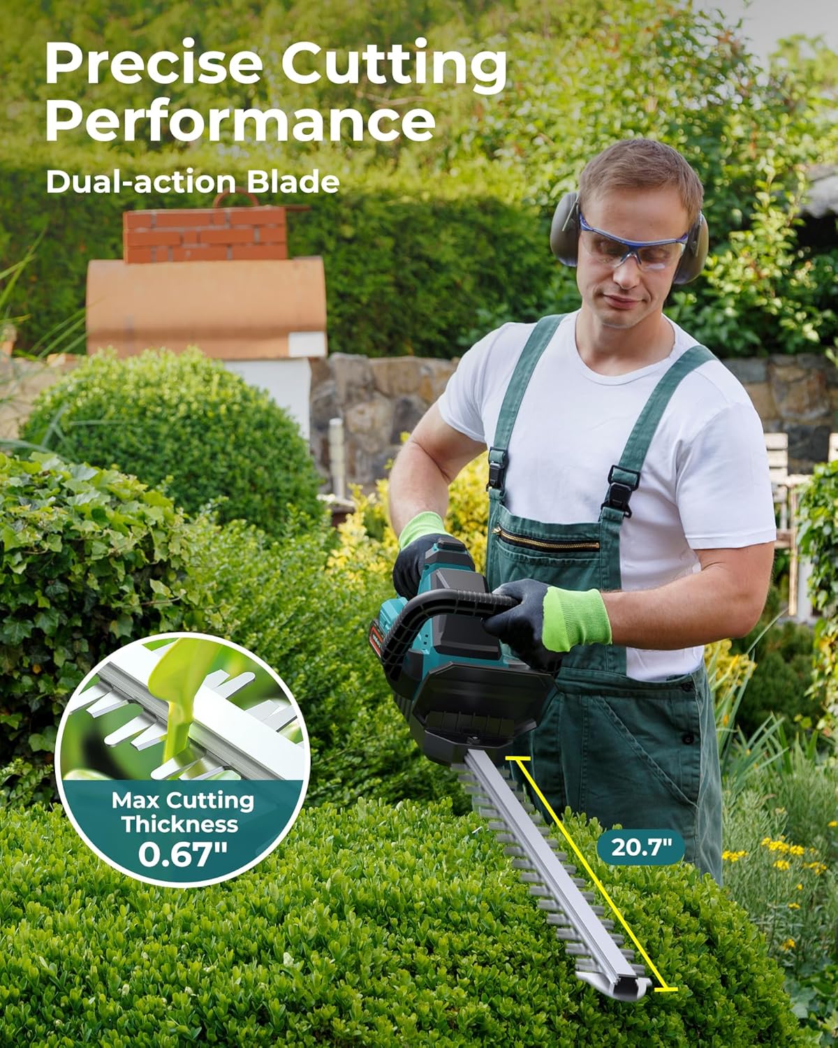 20'' Hedge Trimmer Cordless with Battery, Electric Handheld Bush Clipper with 2 Pack Rechargeable Batteries, 3000RPM 180° Rotatable Head, 2/3'' Blade Gap