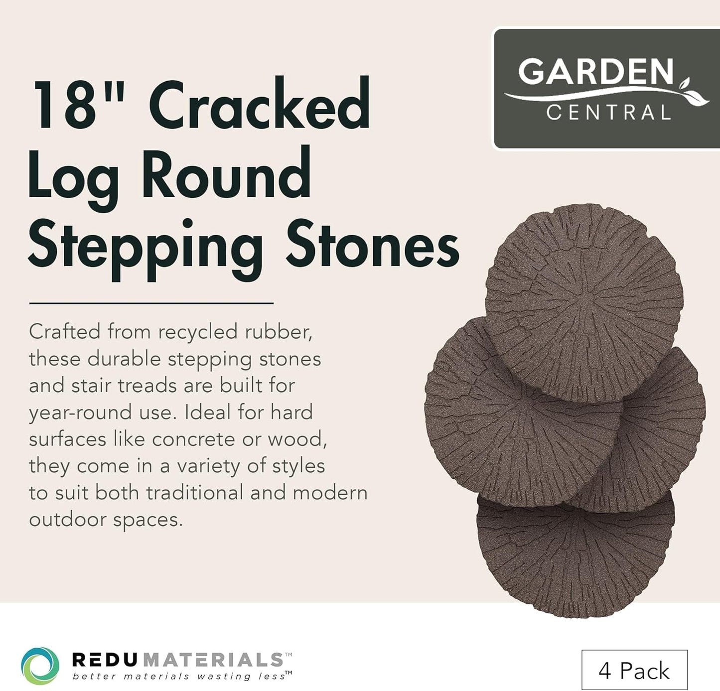 Garden Central 4-Pack 18”x18” Fake Cracked Log Rubber Stepping Stones, Round, Brown – Reversible Non-Slip Outdoor Faux Decorative Set for Landscaping – DIY Decor for Walkways & Yard Pathways