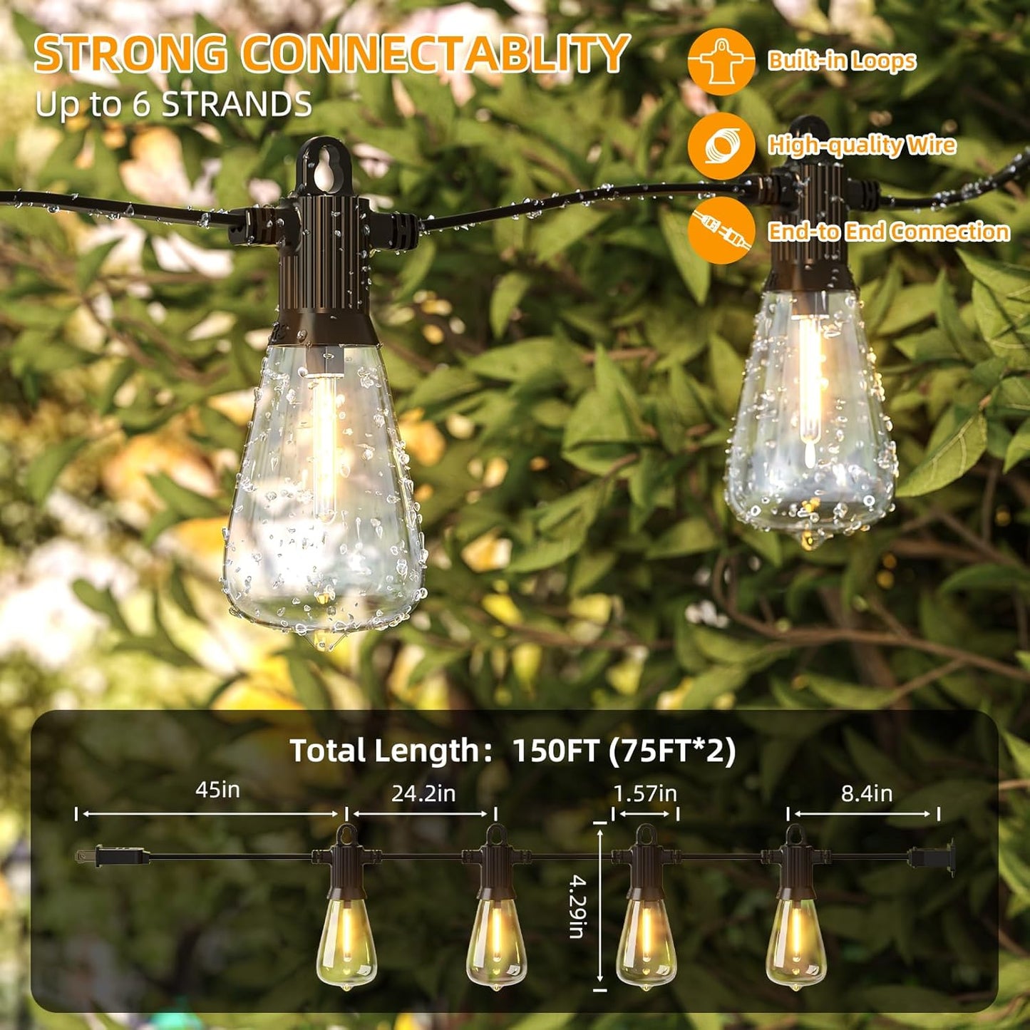 FOOMAN LED Outdoor String Lights, 150FT Outside Waterproof Patio Lights with 72+3 Shatterproof ST38 Edison Bulbs, 2700K Warm White Hanging Light, Dimmable Light for Back Yard Porch Party Gezebo