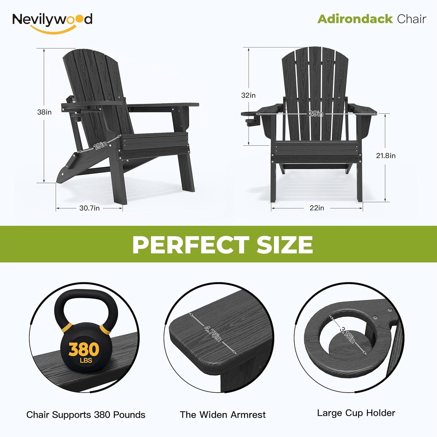 Folding Adirondack Chair, Ergonomic Extended Backrest, HDPE All-Weather, 400lbs Capacity, Maintenance-Free, Cup Holder, （Black）- Outdoor Patio & Firepit Chair