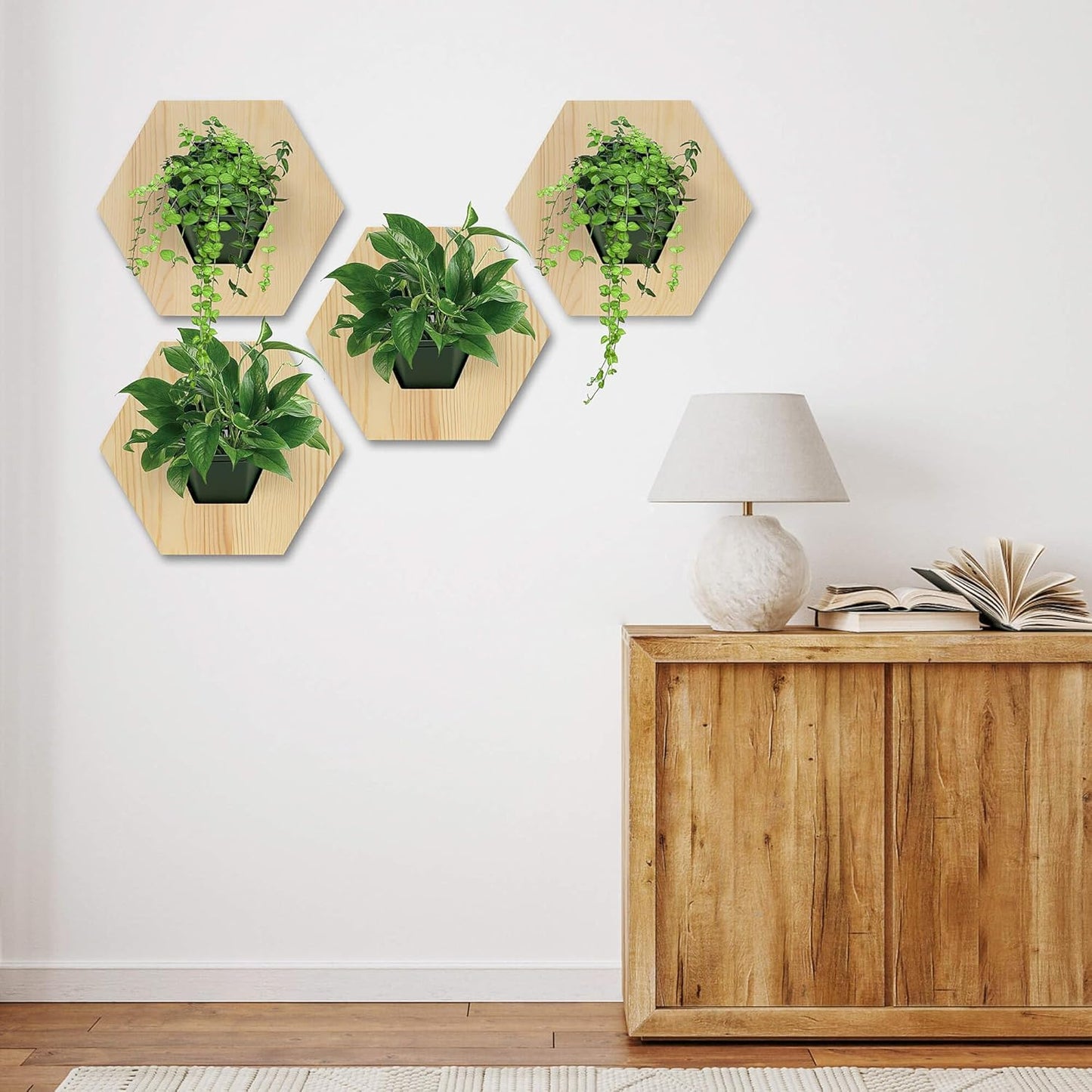 Hexagonal Wooden Wall Planter, Self Watering Living Vertical Planters Indoor, Wooden Frame Planter Wall Decoration Home Office 2pc