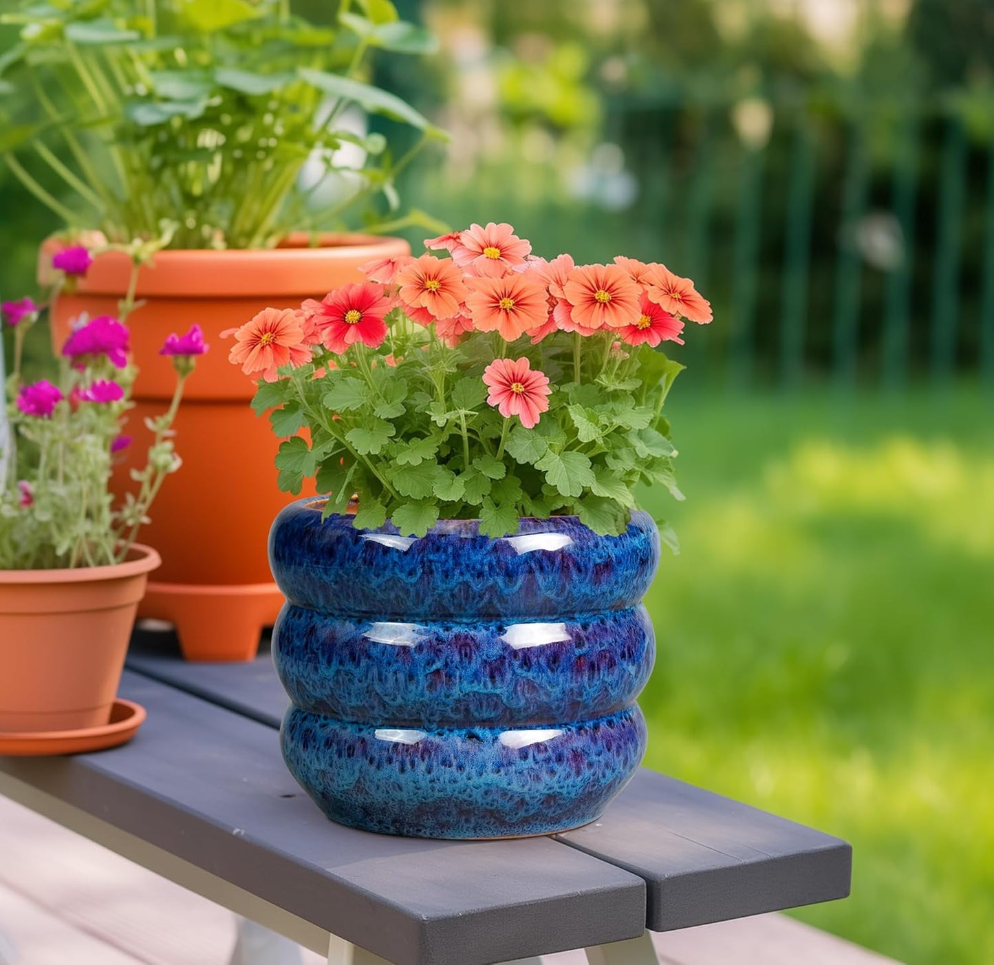 SQOWL Ceramic Planter Pot - 8 Inch Plant Pot Indoor with Drainage Hole Round Outdoor Pot for Plants Decorative Flower Pots Round Planter for Home Room Decor Blue