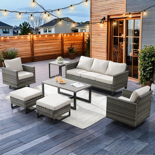 HUMMUH 7 Piece Patio Furniture Set PE Wicker Outdoor Sectional Sofa,High Back Patio Swivel Rocking Chairs with Ottomans Coffee Table for Porch,Garden,Backyard